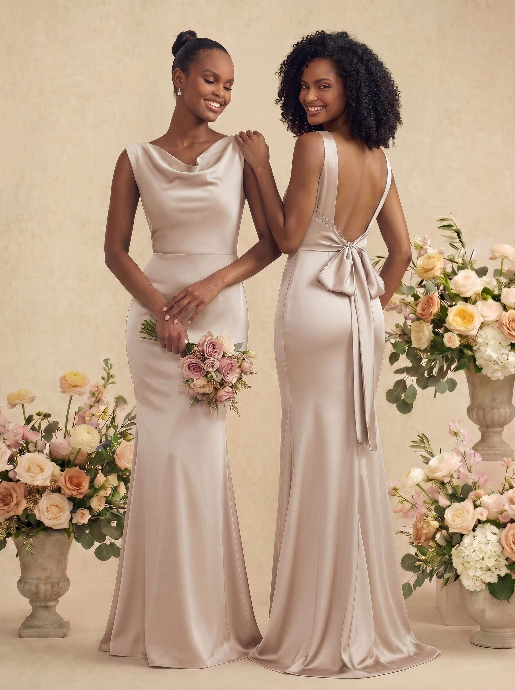 Trumpet/Mermaid Cowl Neck Sleeveless Stretch Satin Bridesmaid Dresses With Bow(s), product image 62