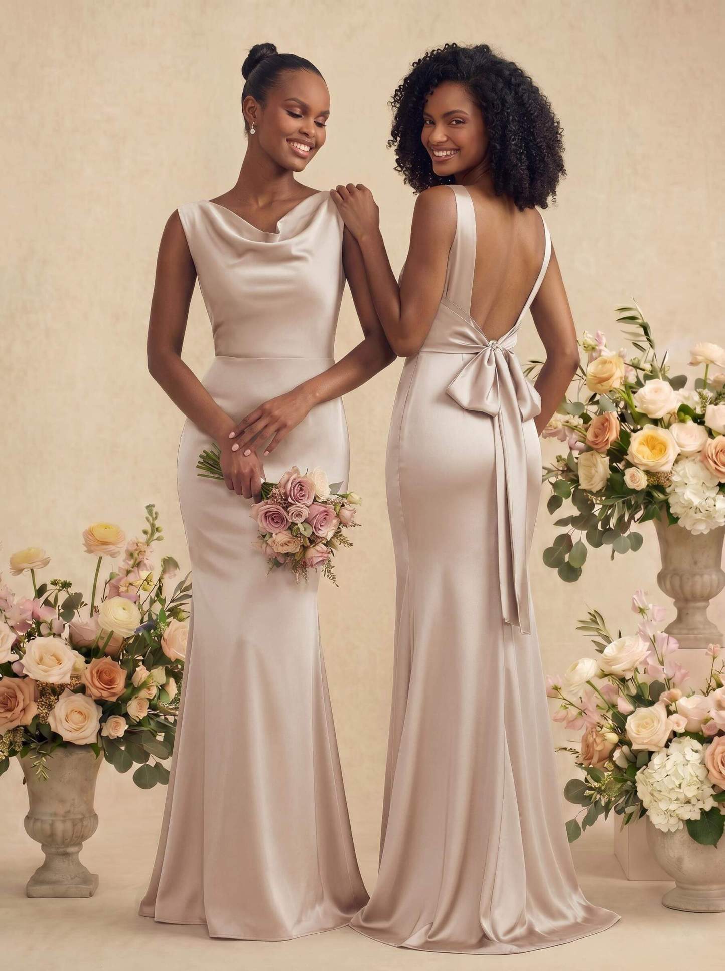 Trumpet/Mermaid Cowl Neck Sleeveless Stretch Satin Bridesmaid Dresses With Bow(s), product image 62