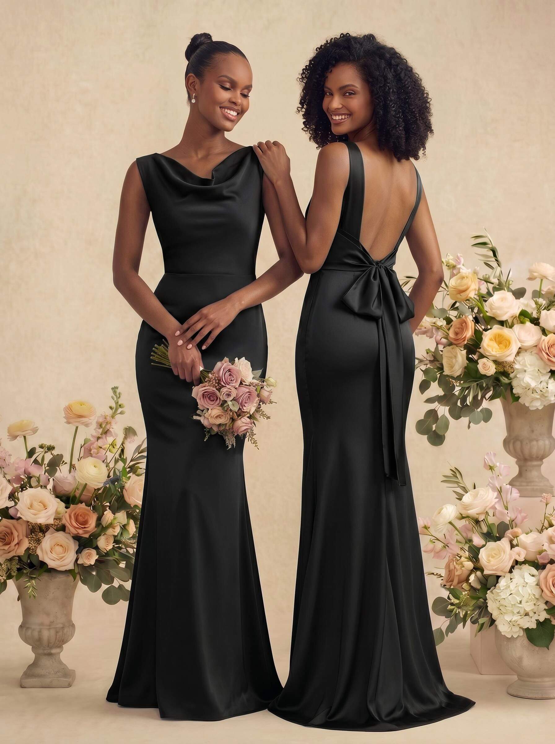 Trumpet/Mermaid Cowl Neck Sleeveless Stretch Satin Bridesmaid Dresses With Bow(s), product image 5