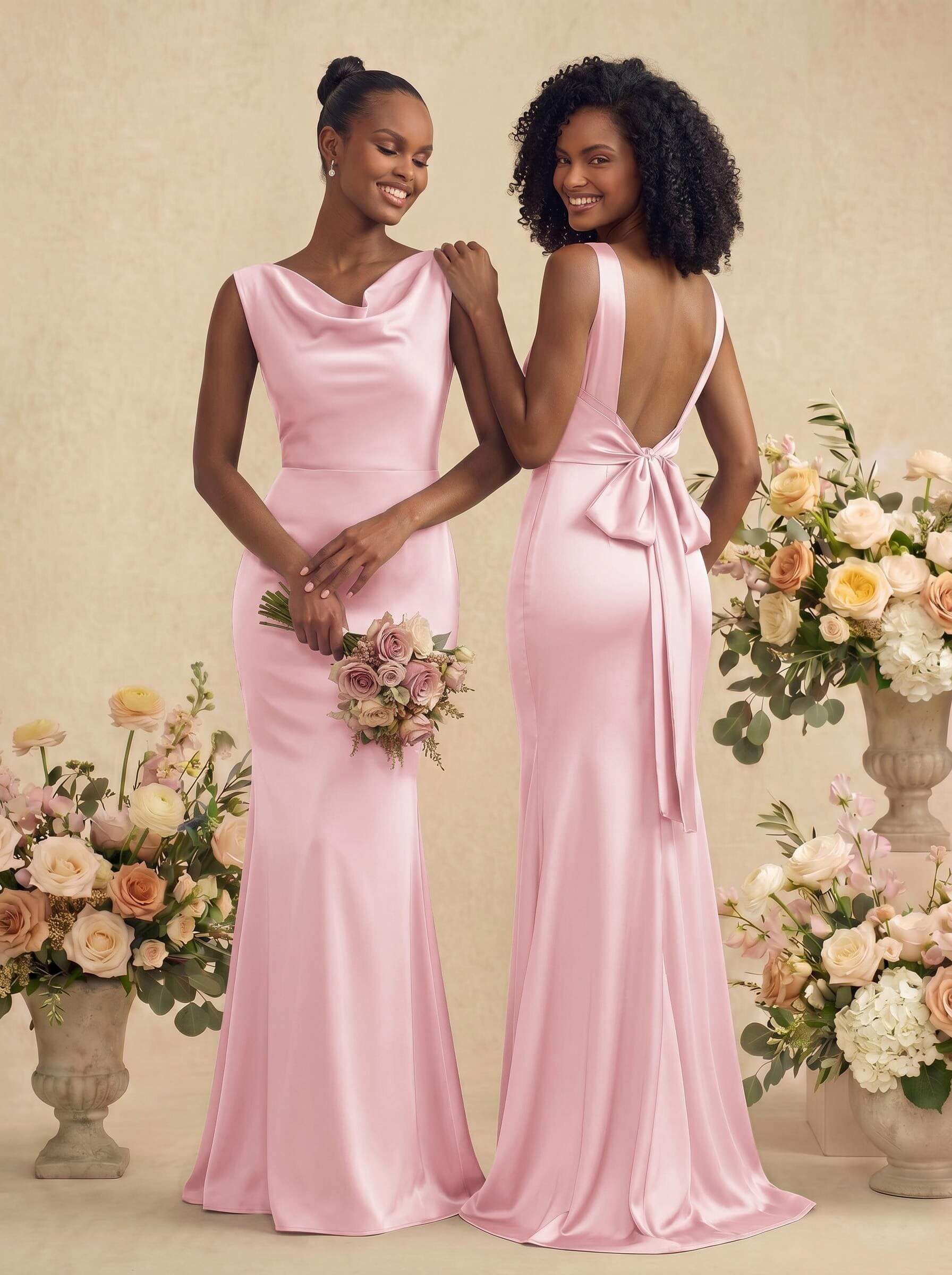 Trumpet/Mermaid Cowl Neck Sleeveless Stretch Satin Bridesmaid Dresses With Bow(s), product image 7