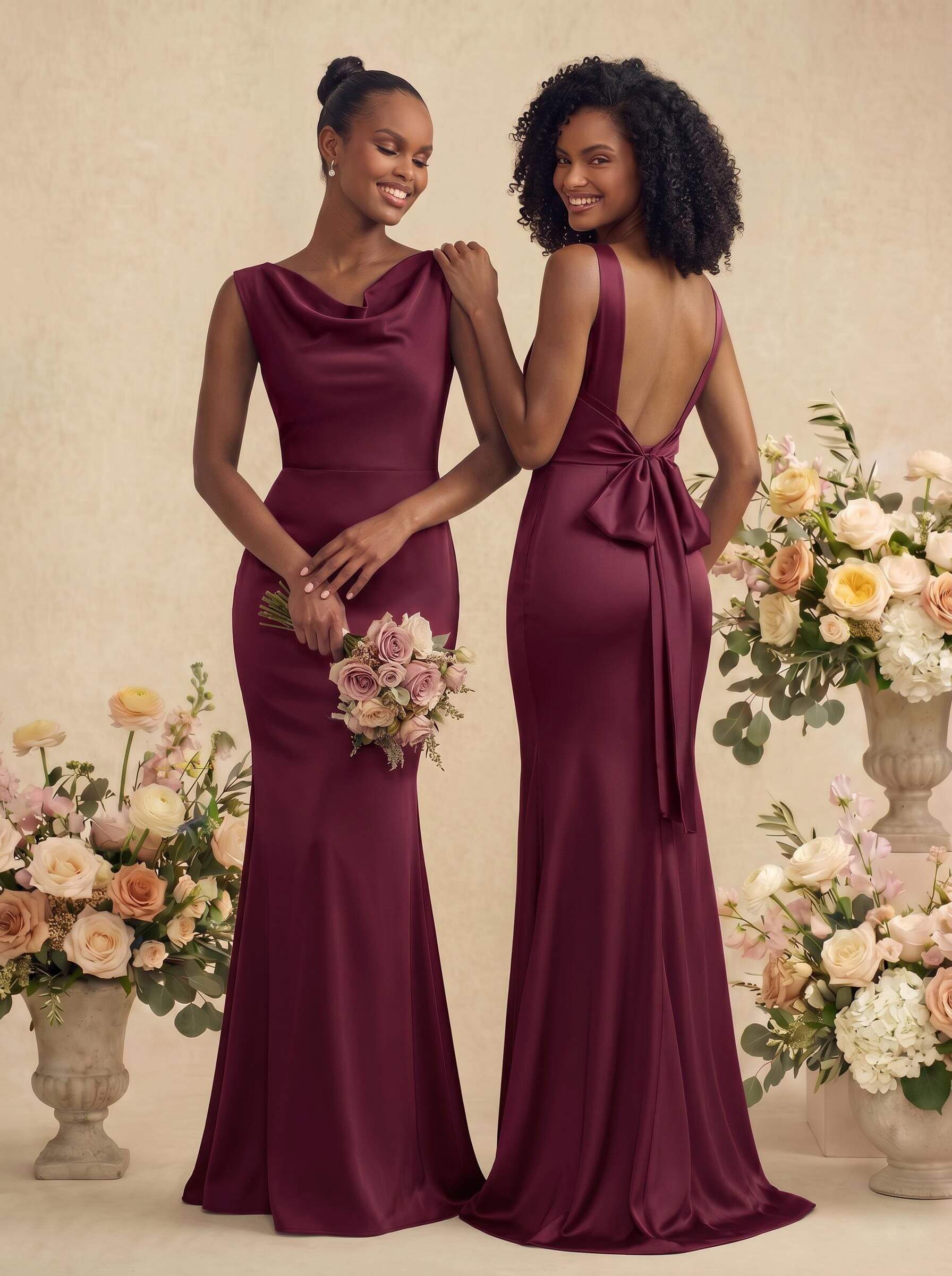 Trumpet/Mermaid Cowl Neck Sleeveless Stretch Satin Bridesmaid Dresses With Bow(s), product image 8