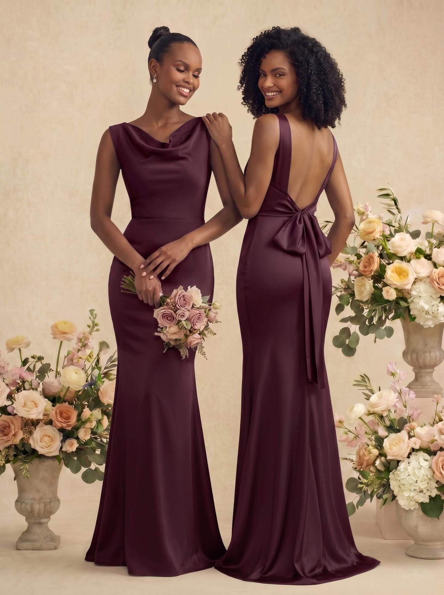 Trumpet/Mermaid Cowl Neck Sleeveless Stretch Satin Bridesmaid Dresses With Bow(s), product image 52