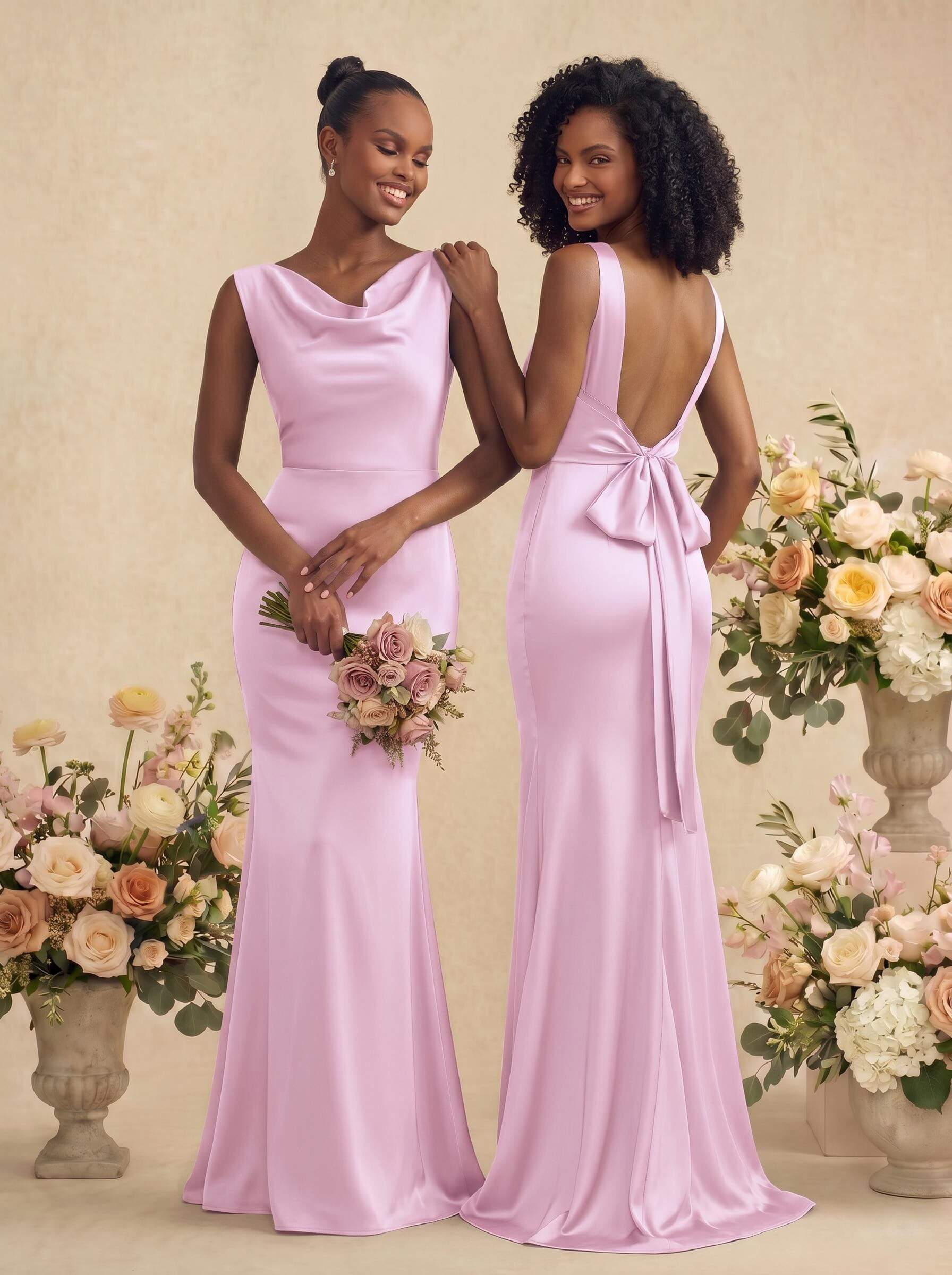 Trumpet/Mermaid Cowl Neck Sleeveless Stretch Satin Bridesmaid Dresses With Bow(s), product image 49