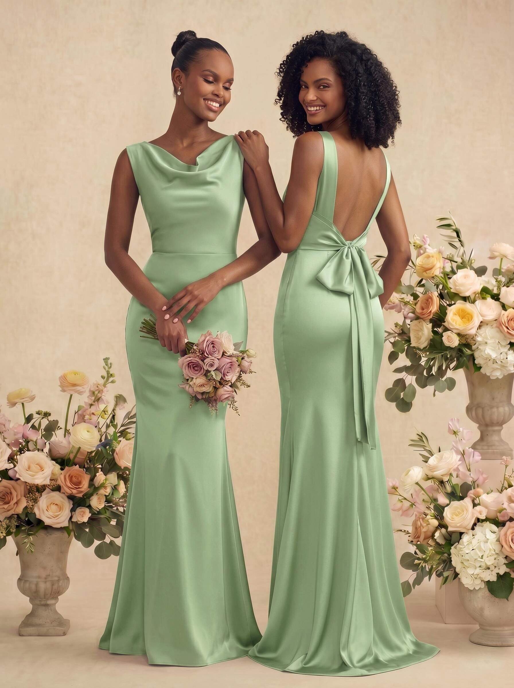 Trumpet/Mermaid Cowl Neck Sleeveless Stretch Satin Bridesmaid Dresses With Bow(s), product image 10