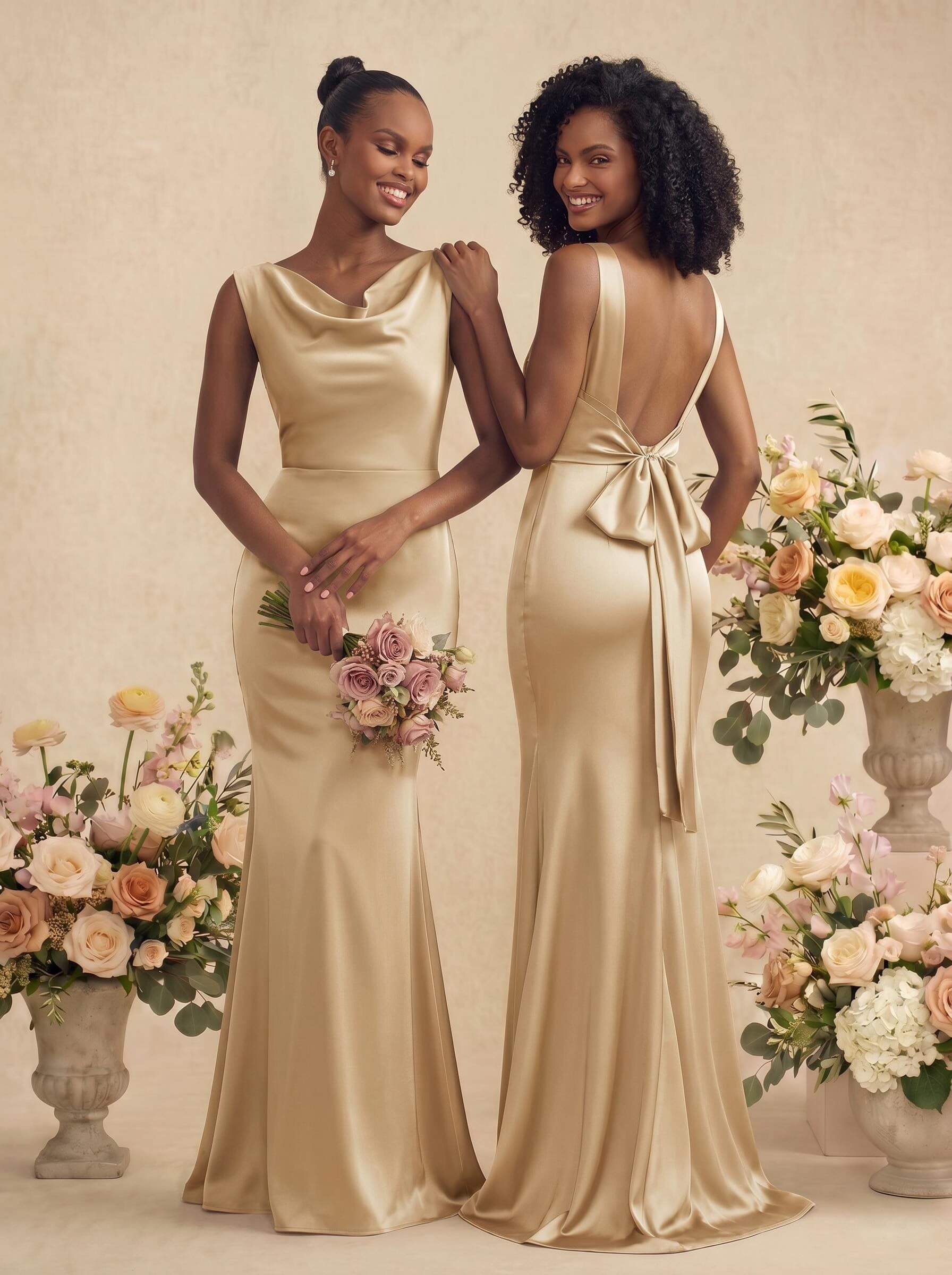 Trumpet/Mermaid Cowl Neck Sleeveless Stretch Satin Bridesmaid Dresses With Bow(s), product image 11