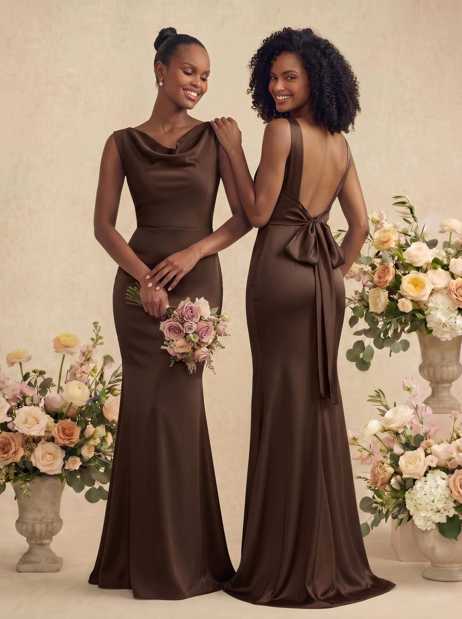 Trumpet/Mermaid Cowl Neck Sleeveless Stretch Satin Bridesmaid Dresses With Bow(s), product image 12