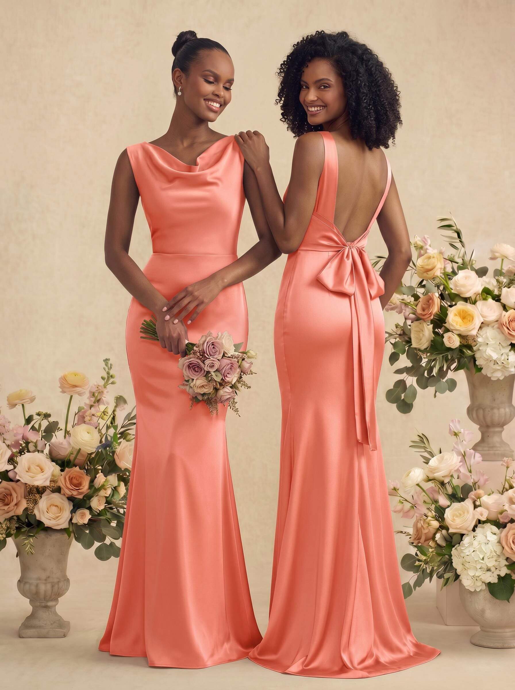 Trumpet/Mermaid Cowl Neck Sleeveless Stretch Satin Bridesmaid Dresses With Bow(s), product image 48