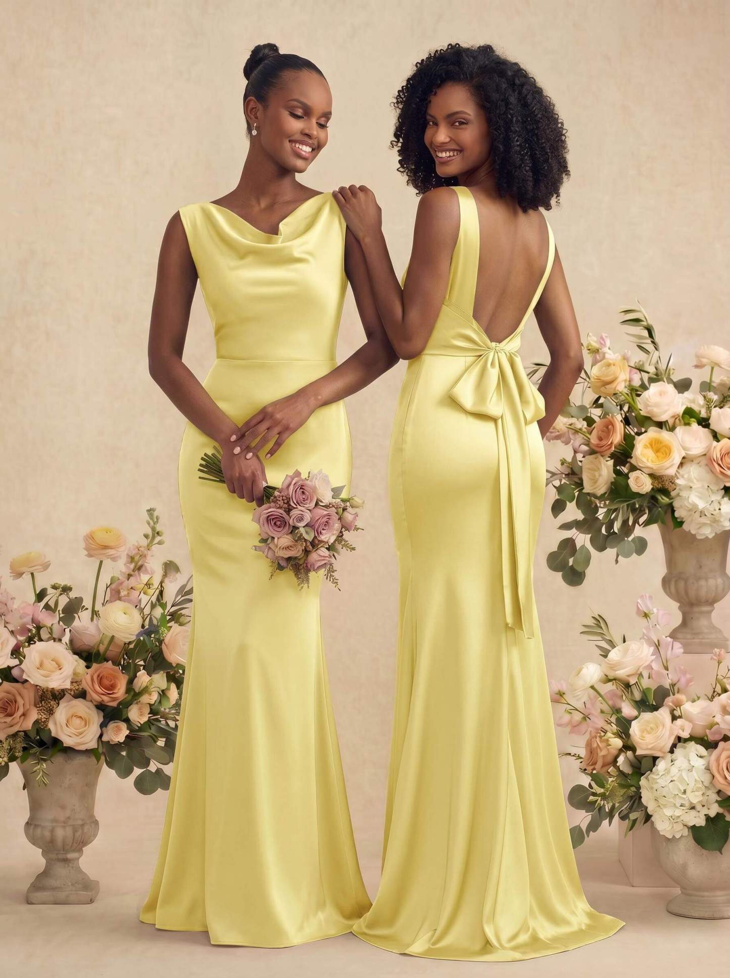 Trumpet/Mermaid Cowl Neck Sleeveless Stretch Satin Bridesmaid Dresses With Bow(s), product image 13