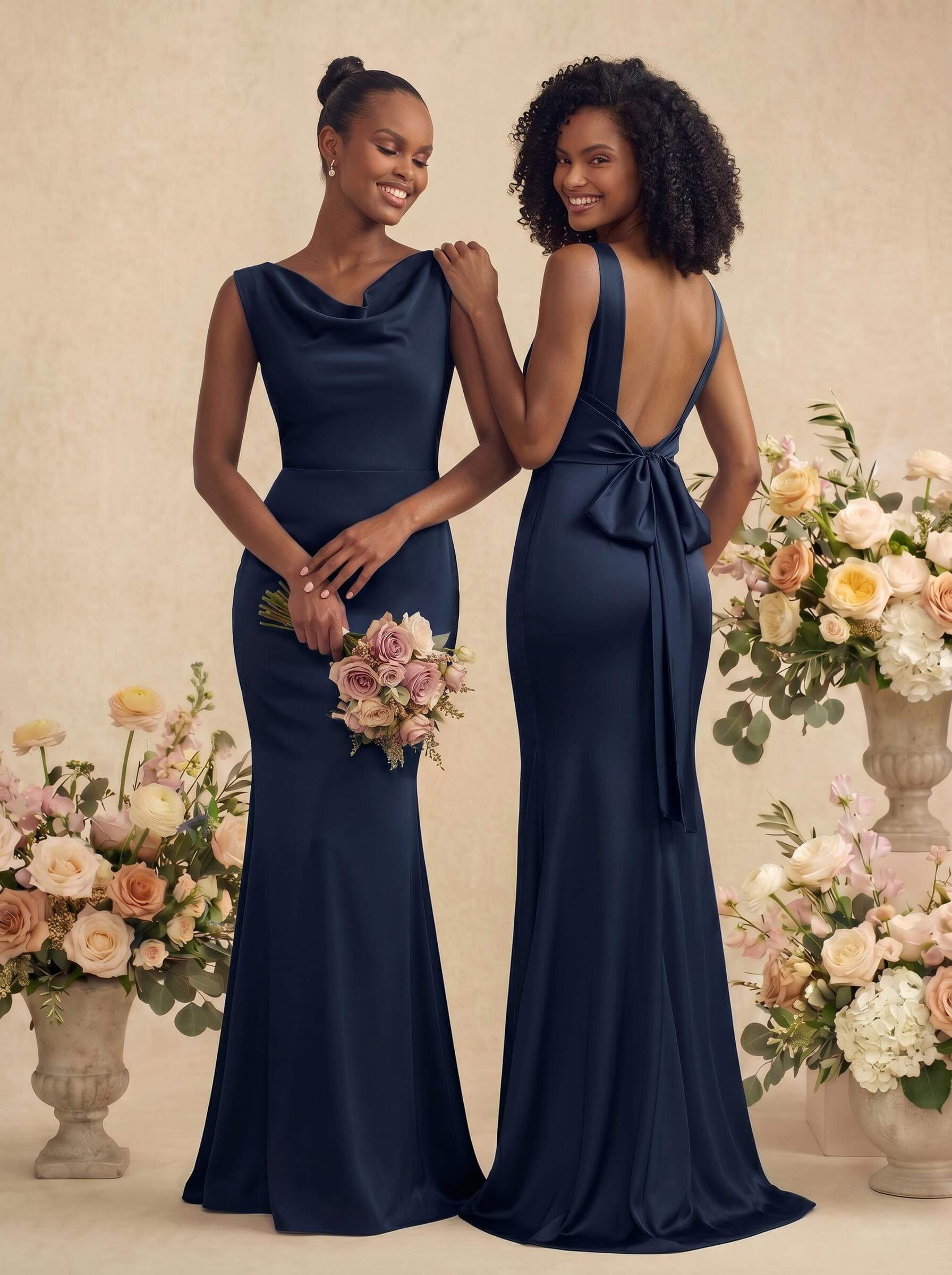 Trumpet/Mermaid Cowl Neck Sleeveless Stretch Satin Bridesmaid Dresses With Bow(s), product image 15