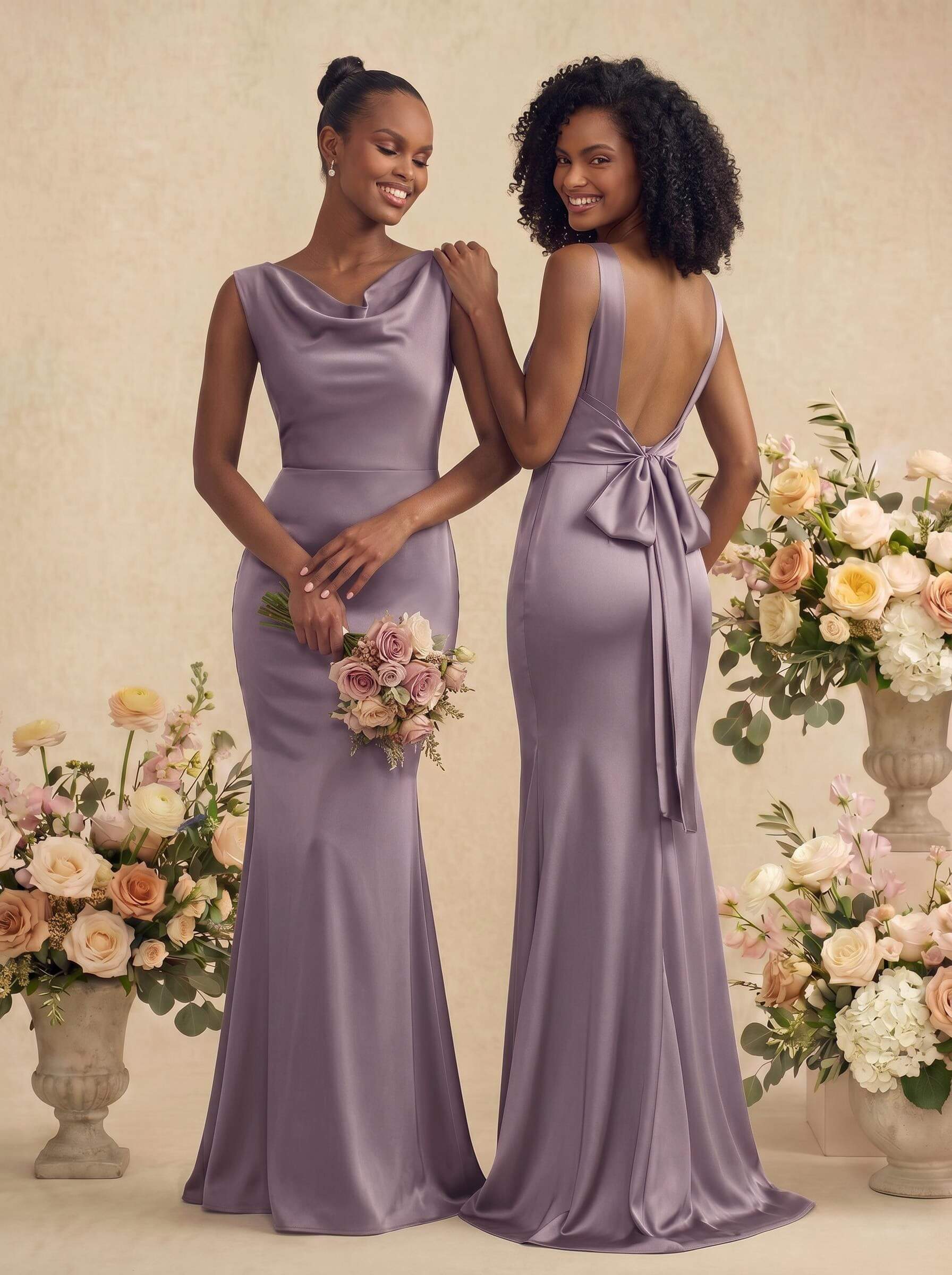 Trumpet/Mermaid Cowl Neck Sleeveless Stretch Satin Bridesmaid Dresses With Bow(s), product image 16