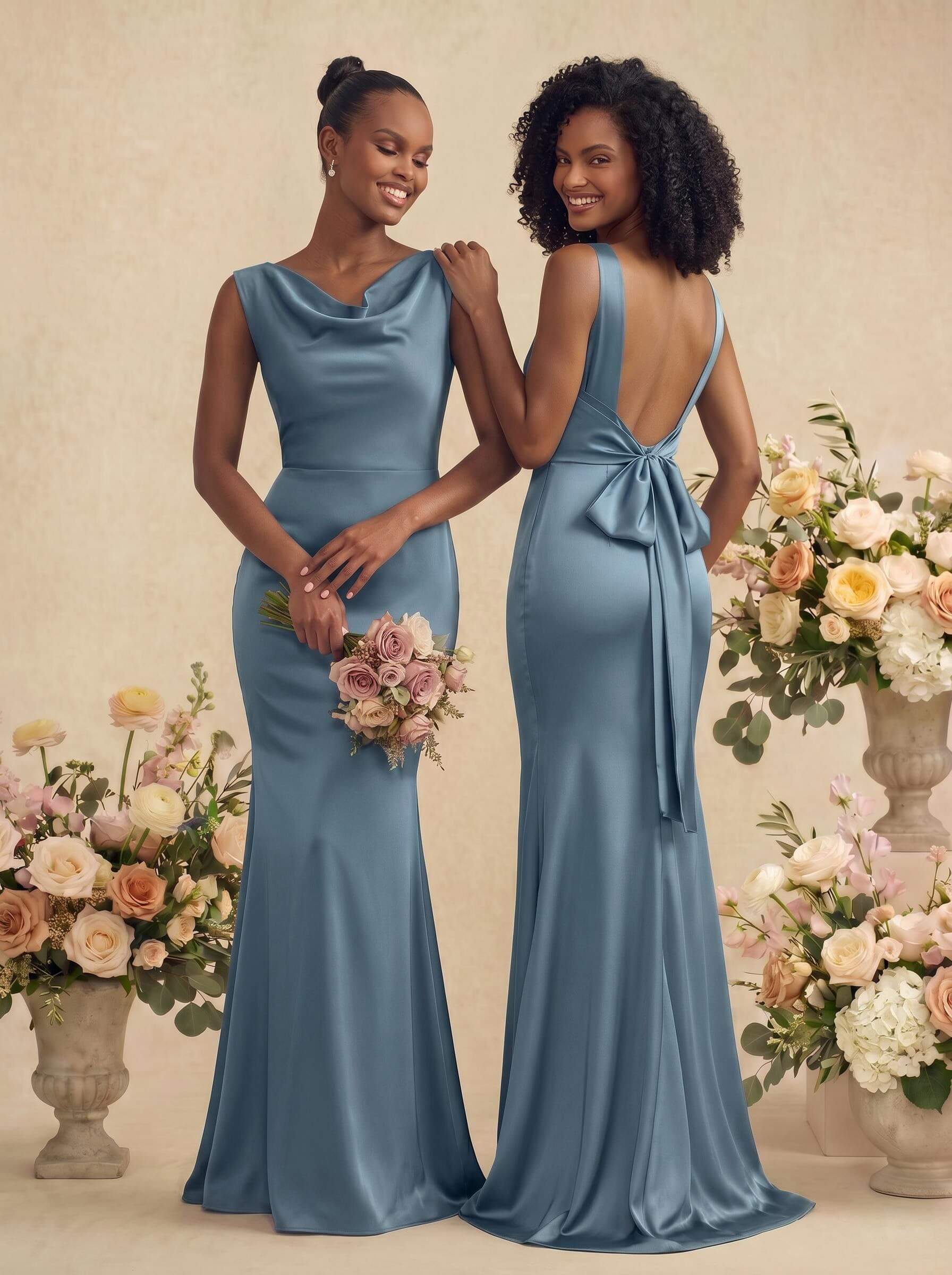 Trumpet/Mermaid Cowl Neck Sleeveless Stretch Satin Bridesmaid Dresses With Bow(s), product image 17
