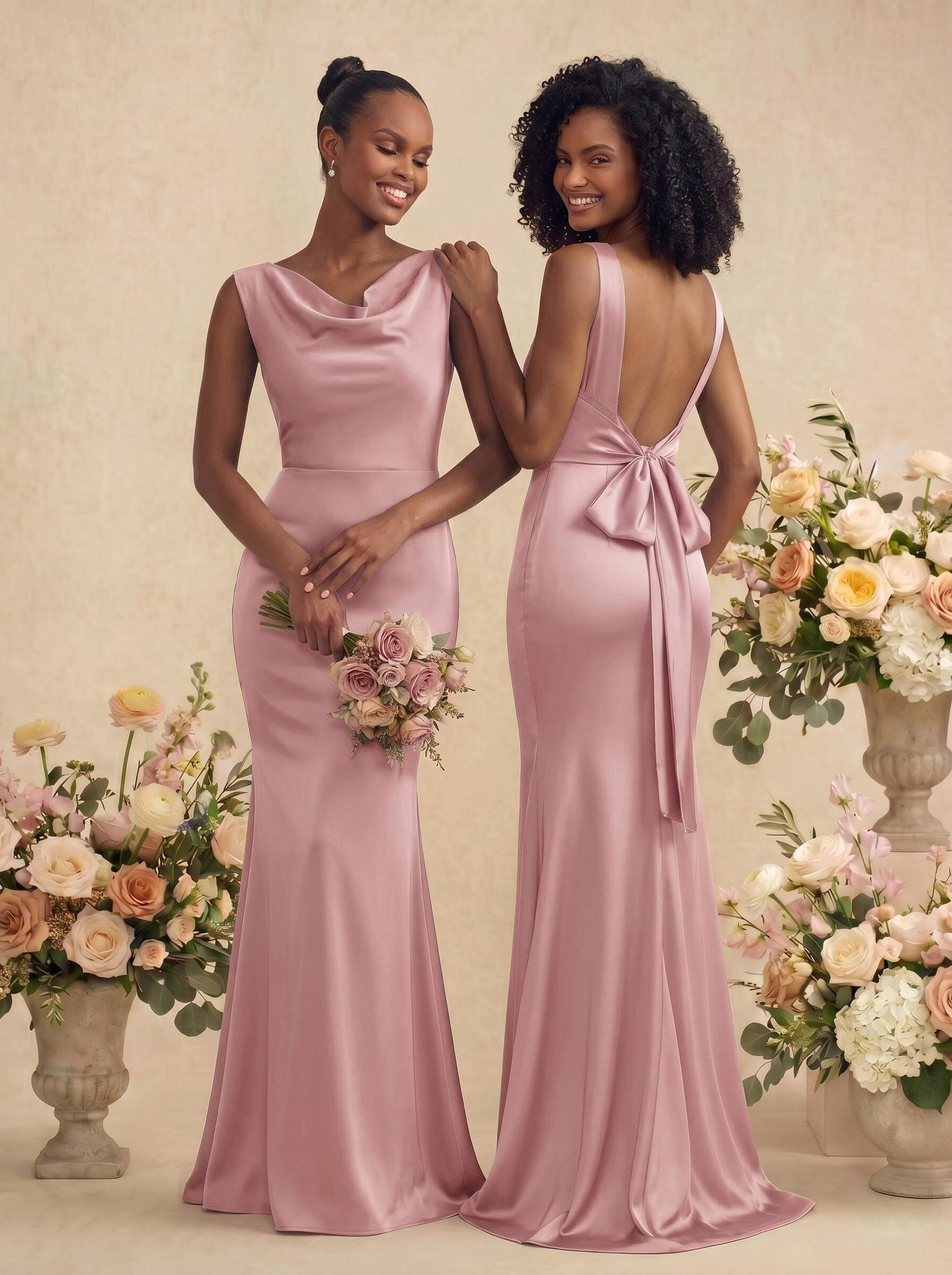 Trumpet/Mermaid Cowl Neck Sleeveless Stretch Satin Bridesmaid Dresses With Bow(s), product image 18
