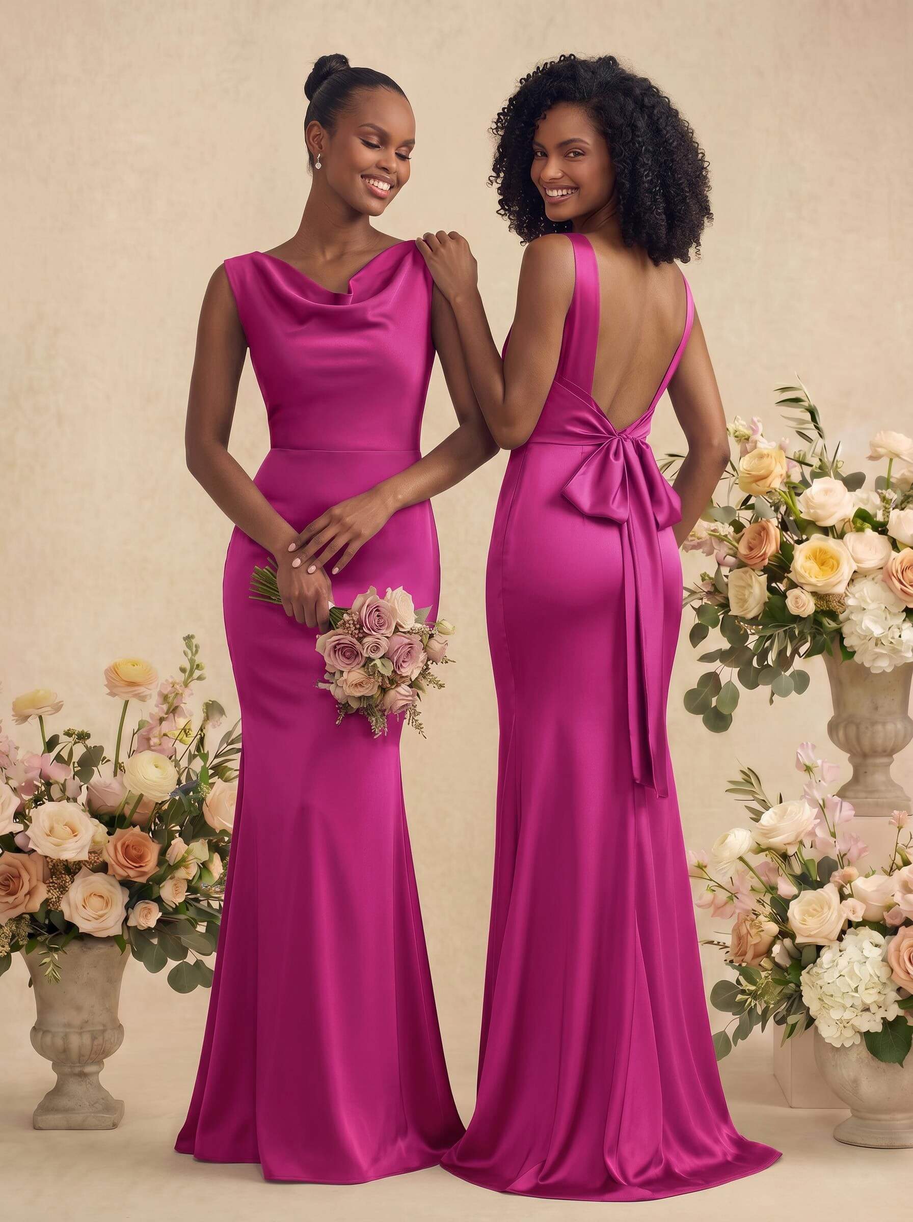 Trumpet/Mermaid Cowl Neck Sleeveless Stretch Satin Bridesmaid Dresses With Bow(s), product image 20