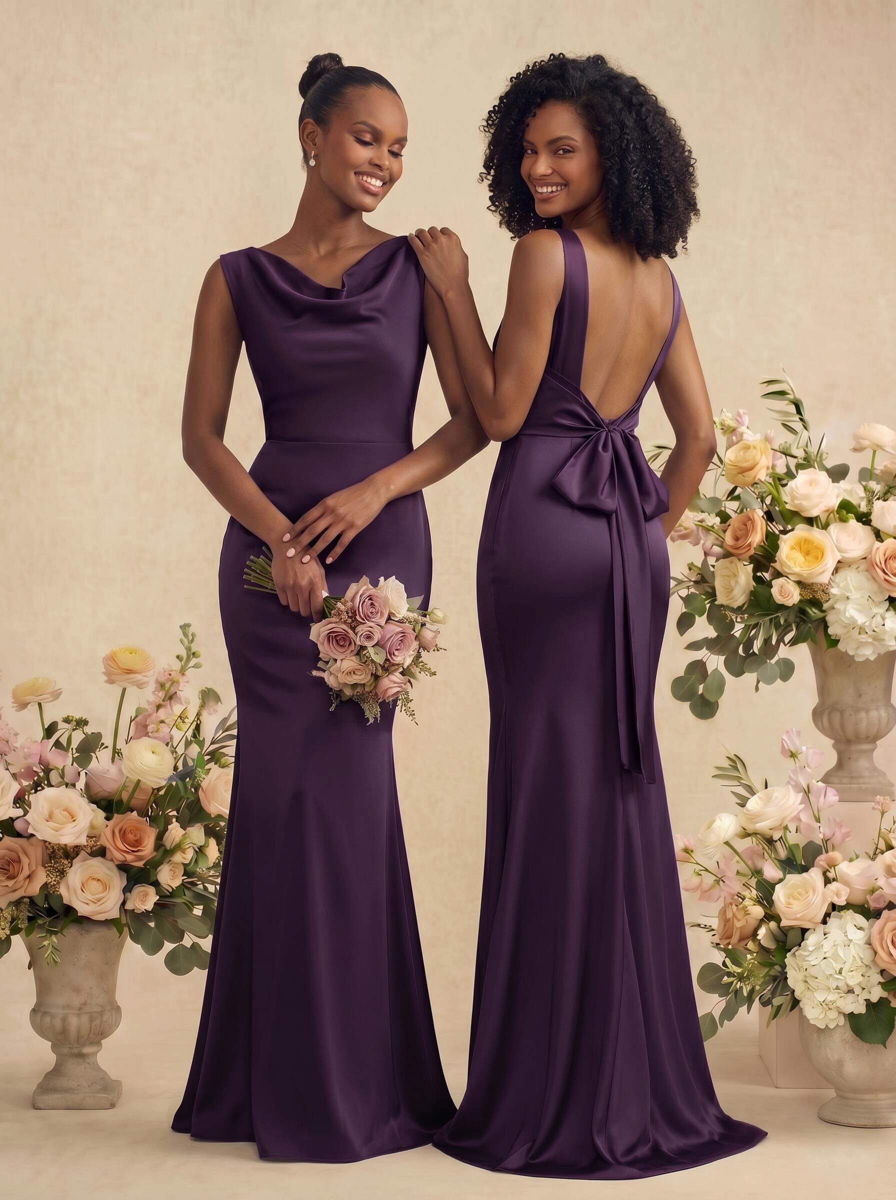 Trumpet/Mermaid Cowl Neck Sleeveless Stretch Satin Bridesmaid Dresses With Bow(s), product image 21