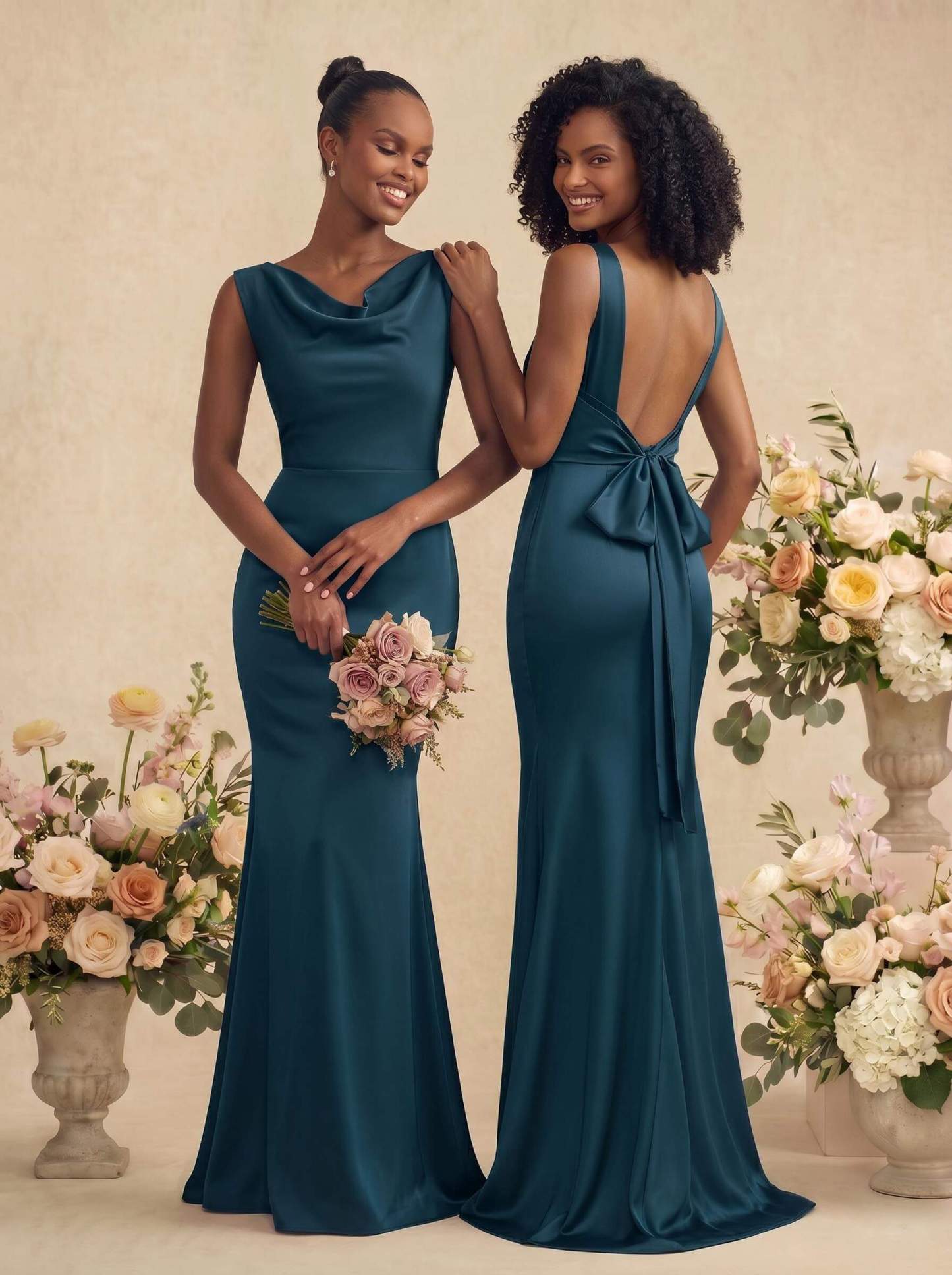 Trumpet/Mermaid Cowl Neck Sleeveless Stretch Satin Bridesmaid Dresses With Bow(s), product image 24
