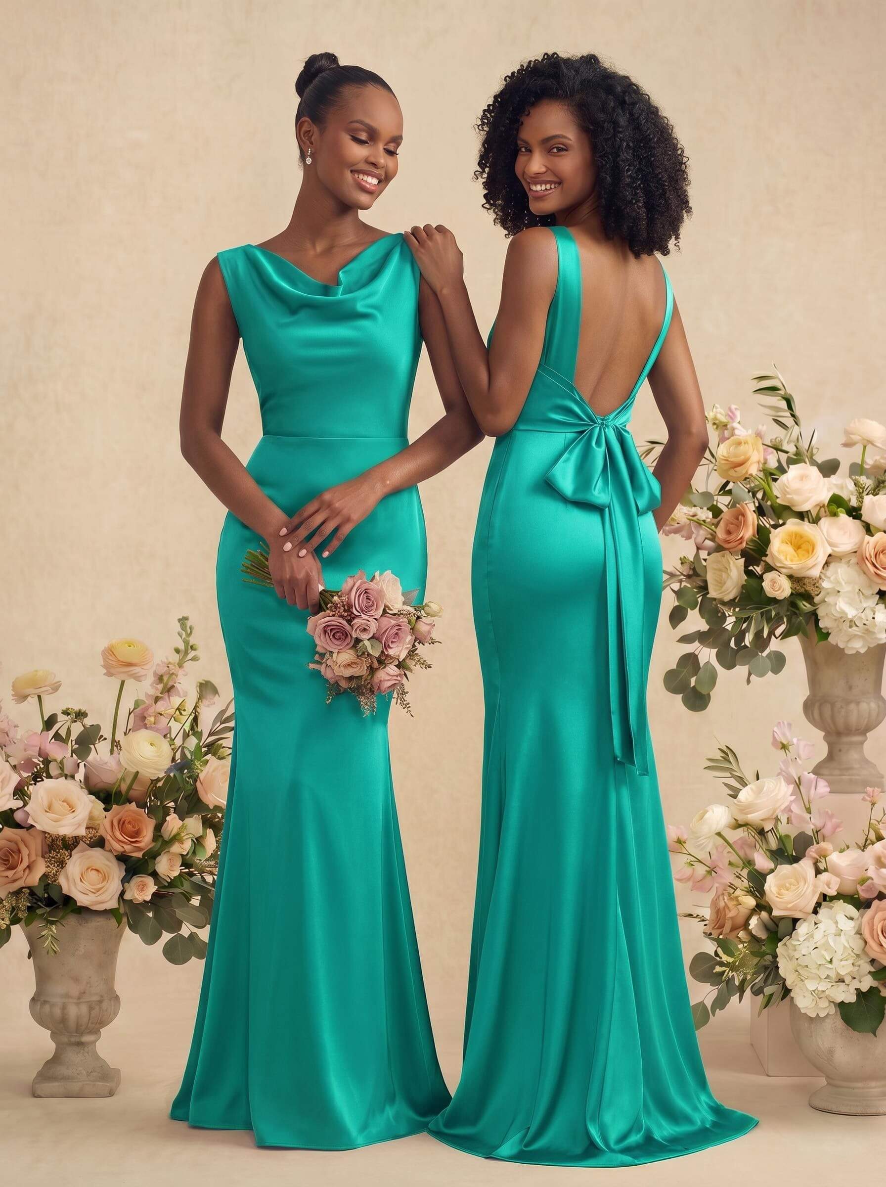 Trumpet/Mermaid Cowl Neck Sleeveless Stretch Satin Bridesmaid Dresses With Bow(s), product image 26