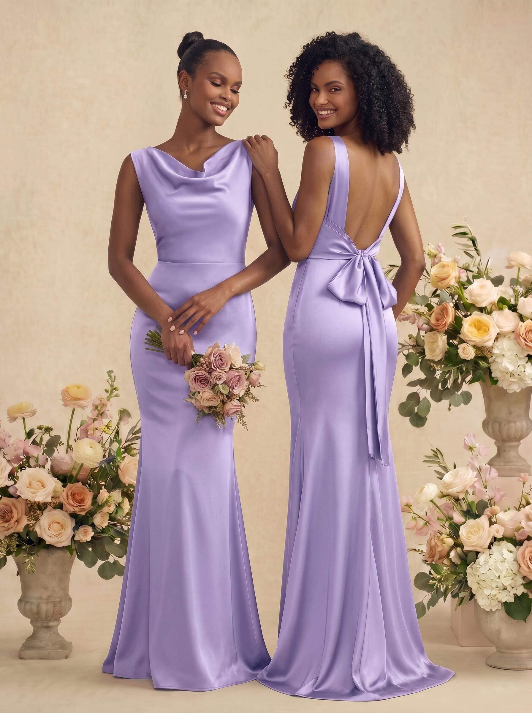 Trumpet/Mermaid Cowl Neck Sleeveless Stretch Satin Bridesmaid Dresses With Bow(s), product image 60