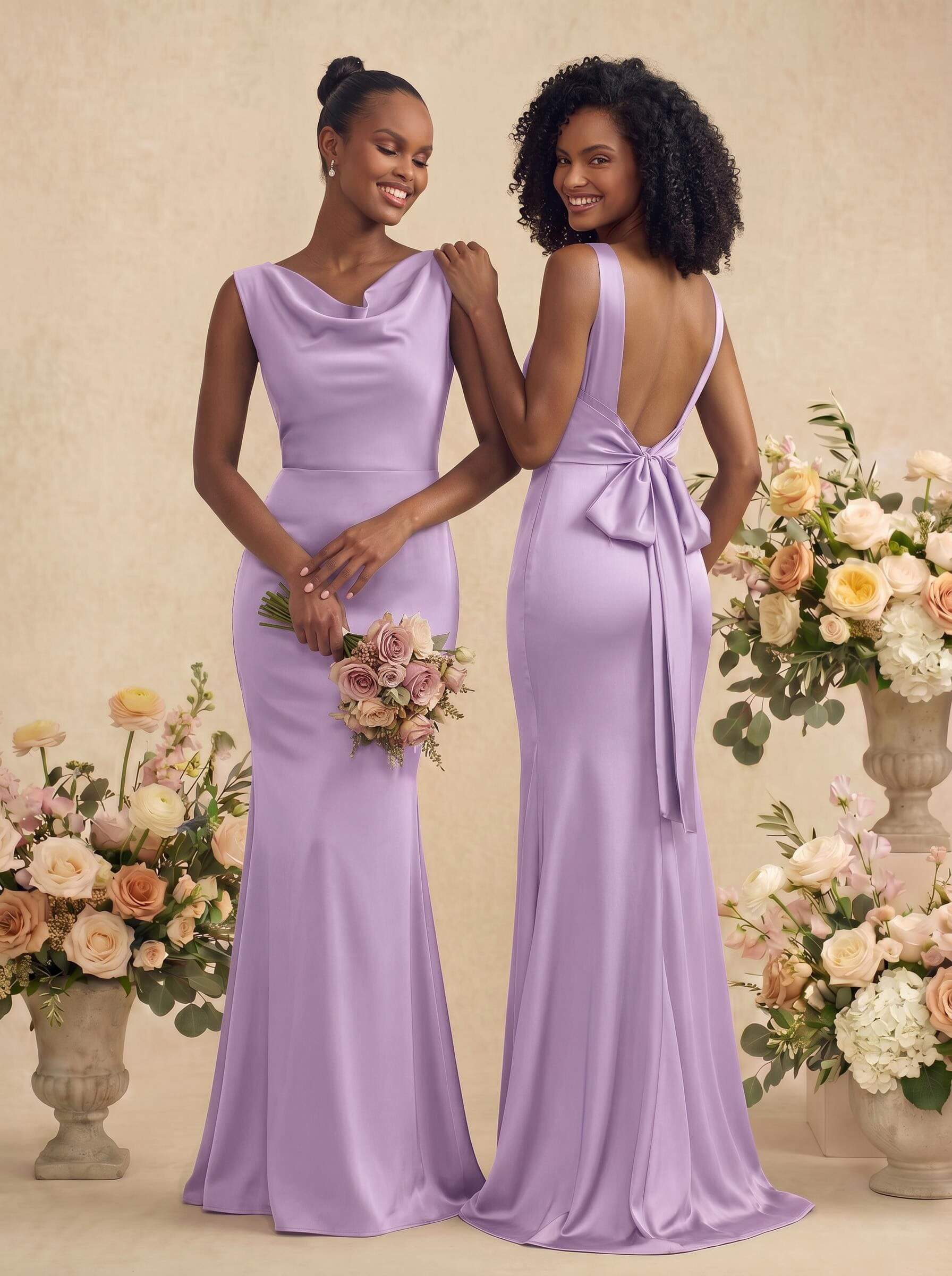Trumpet/Mermaid Cowl Neck Sleeveless Stretch Satin Bridesmaid Dresses With Bow(s), product image 27