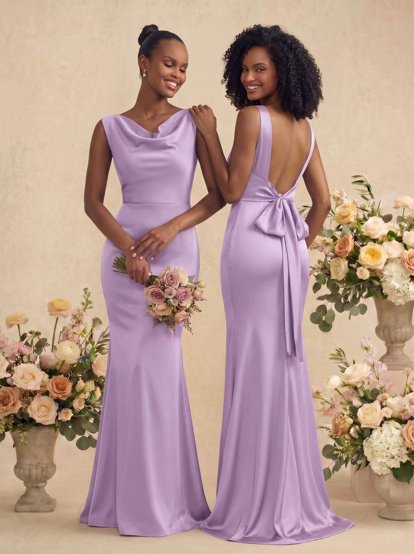 Trumpet/Mermaid Cowl Neck Sleeveless Stretch Satin Bridesmaid Dresses With Bow(s), product image 27