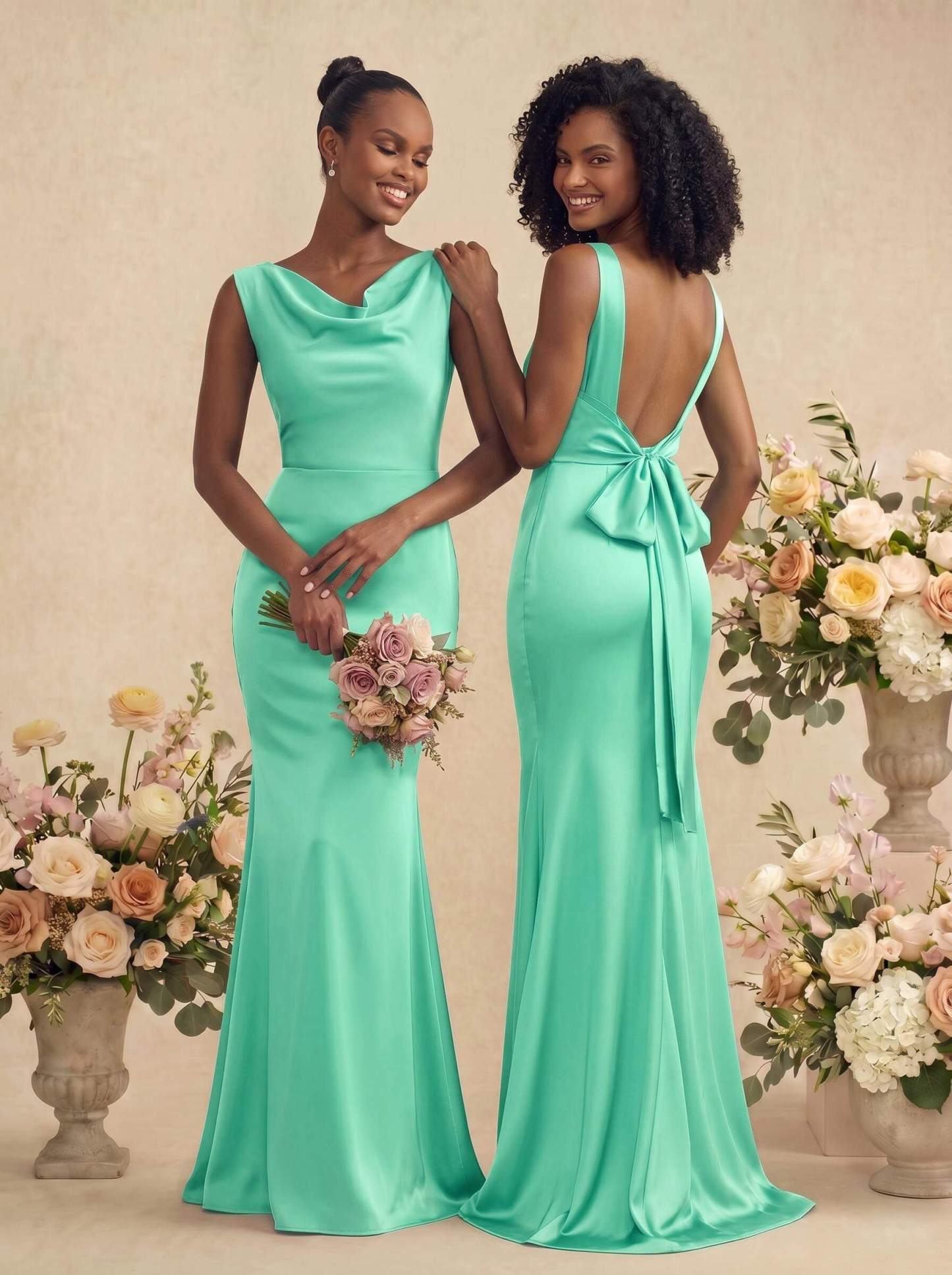 Trumpet/Mermaid Cowl Neck Sleeveless Stretch Satin Bridesmaid Dresses With Bow(s), product image 57
