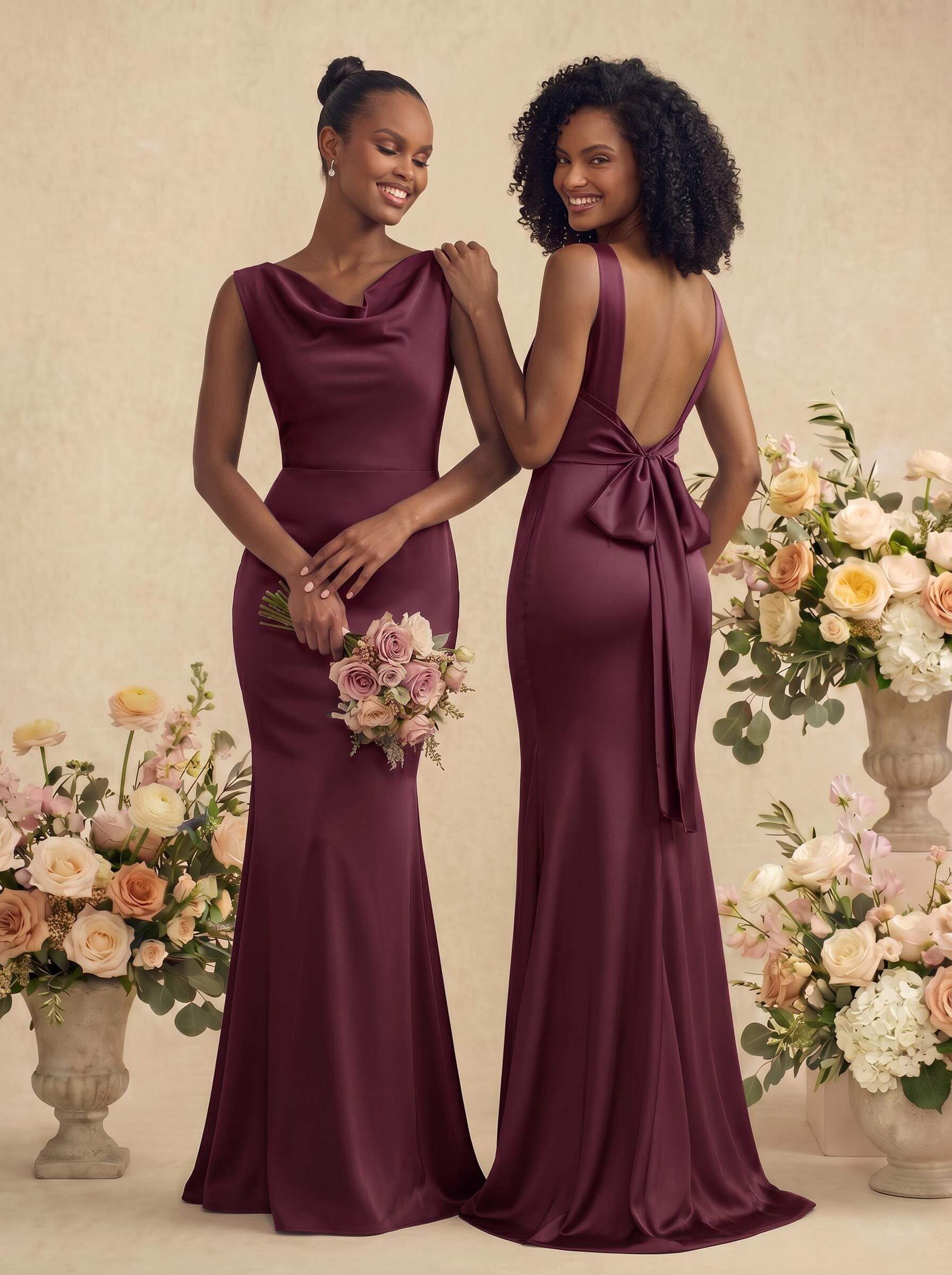 Trumpet/Mermaid Cowl Neck Sleeveless Stretch Satin Bridesmaid Dresses With Bow(s), product image 50
