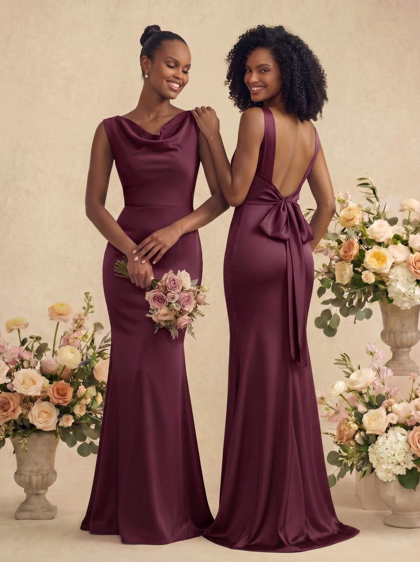 Trumpet/Mermaid Cowl Neck Sleeveless Stretch Satin Bridesmaid Dresses With Bow(s), product image 50