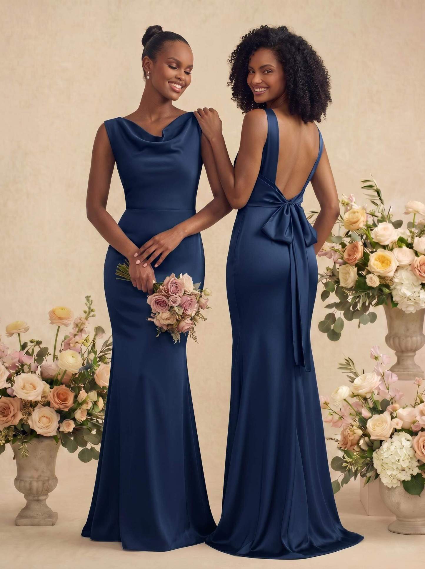 Trumpet/Mermaid Cowl Neck Sleeveless Stretch Satin Bridesmaid Dresses With Bow(s), product image 29