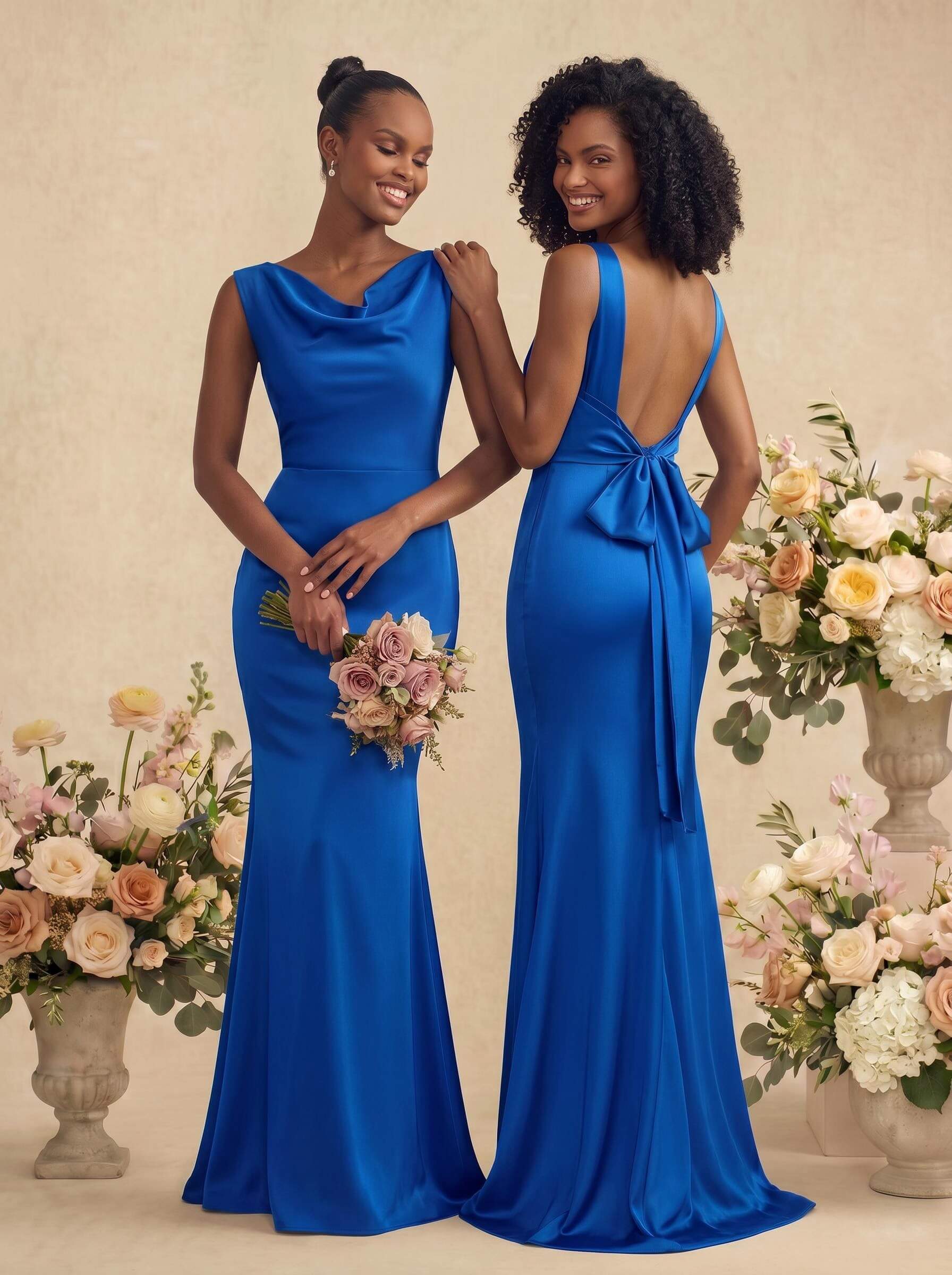 Trumpet/Mermaid Cowl Neck Sleeveless Stretch Satin Bridesmaid Dresses With Bow(s), product image 45