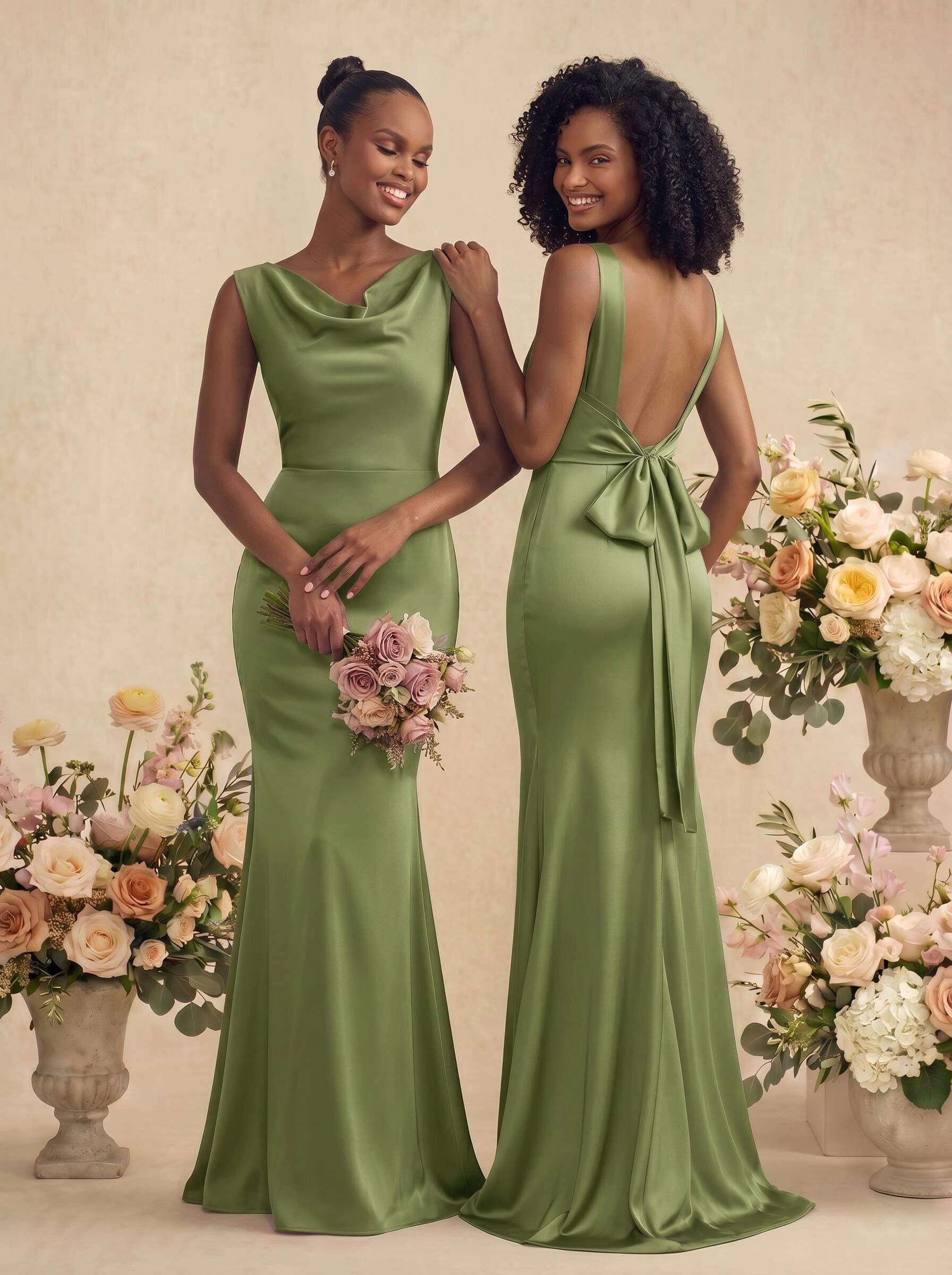 Trumpet/Mermaid Cowl Neck Sleeveless Stretch Satin Bridesmaid Dresses With Bow(s), product image 54