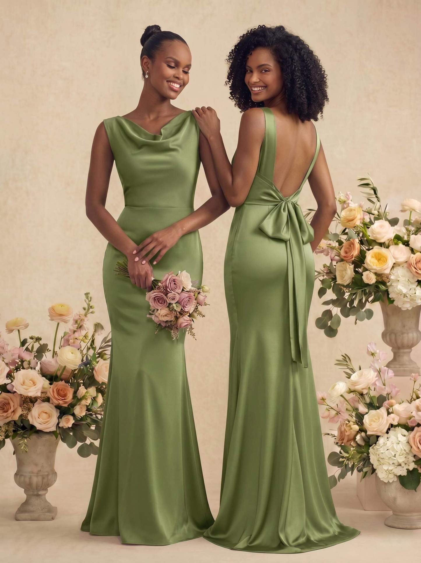 Trumpet/Mermaid Cowl Neck Sleeveless Stretch Satin Bridesmaid Dresses With Bow(s), product image 54