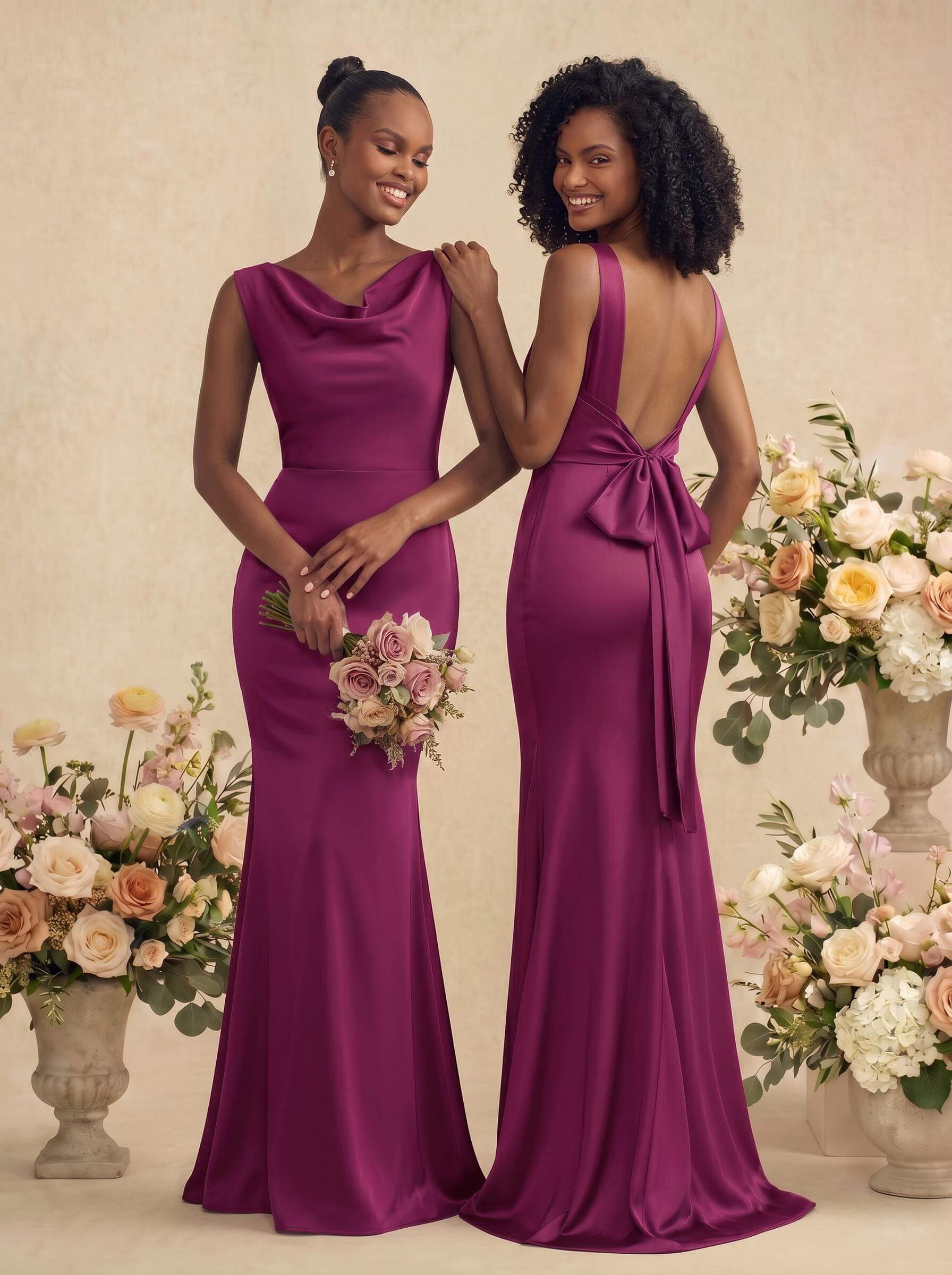 Trumpet/Mermaid Cowl Neck Sleeveless Stretch Satin Bridesmaid Dresses With Bow(s), product image 59