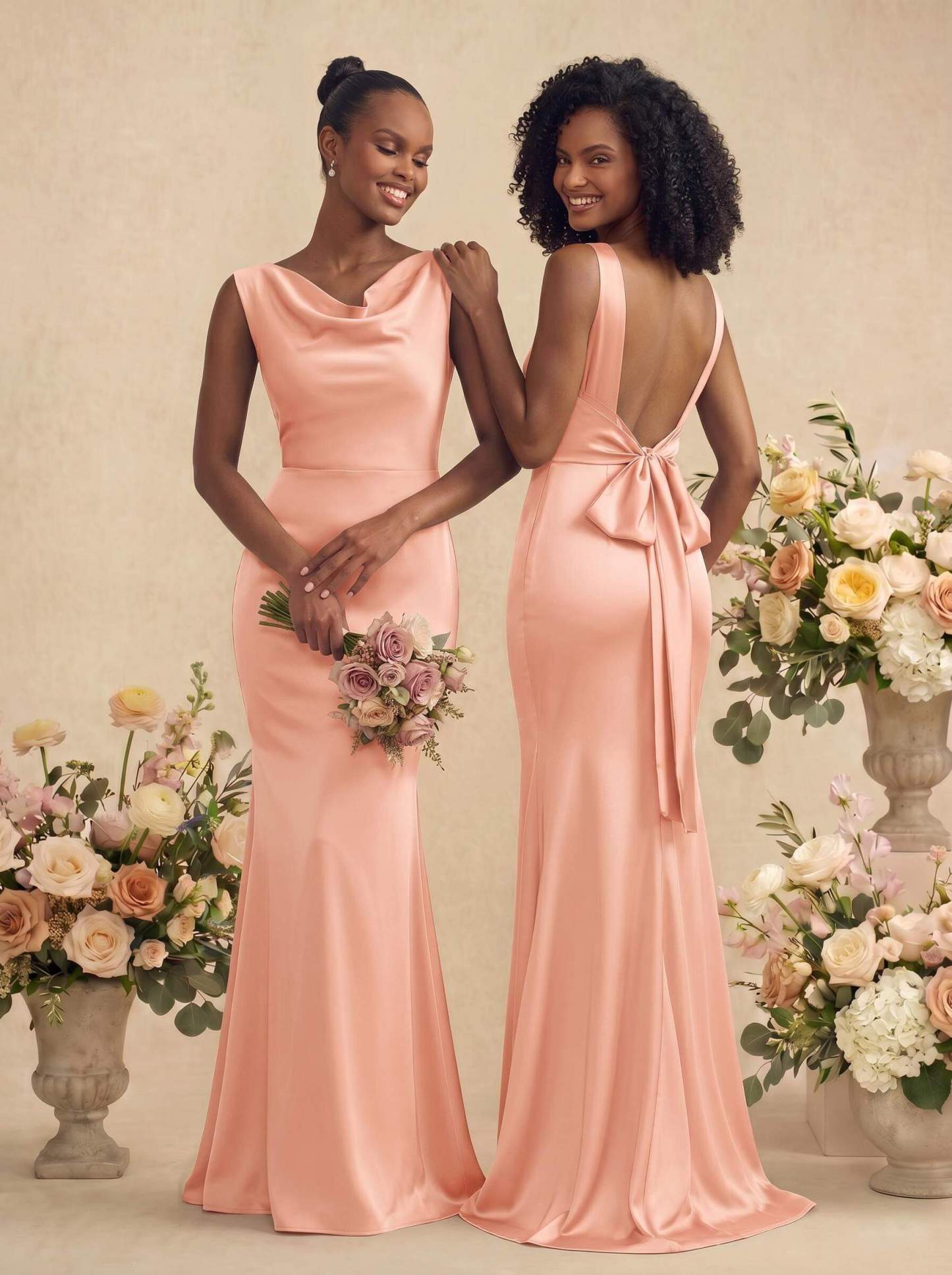 Trumpet/Mermaid Cowl Neck Sleeveless Stretch Satin Bridesmaid Dresses With Bow(s), product image 31