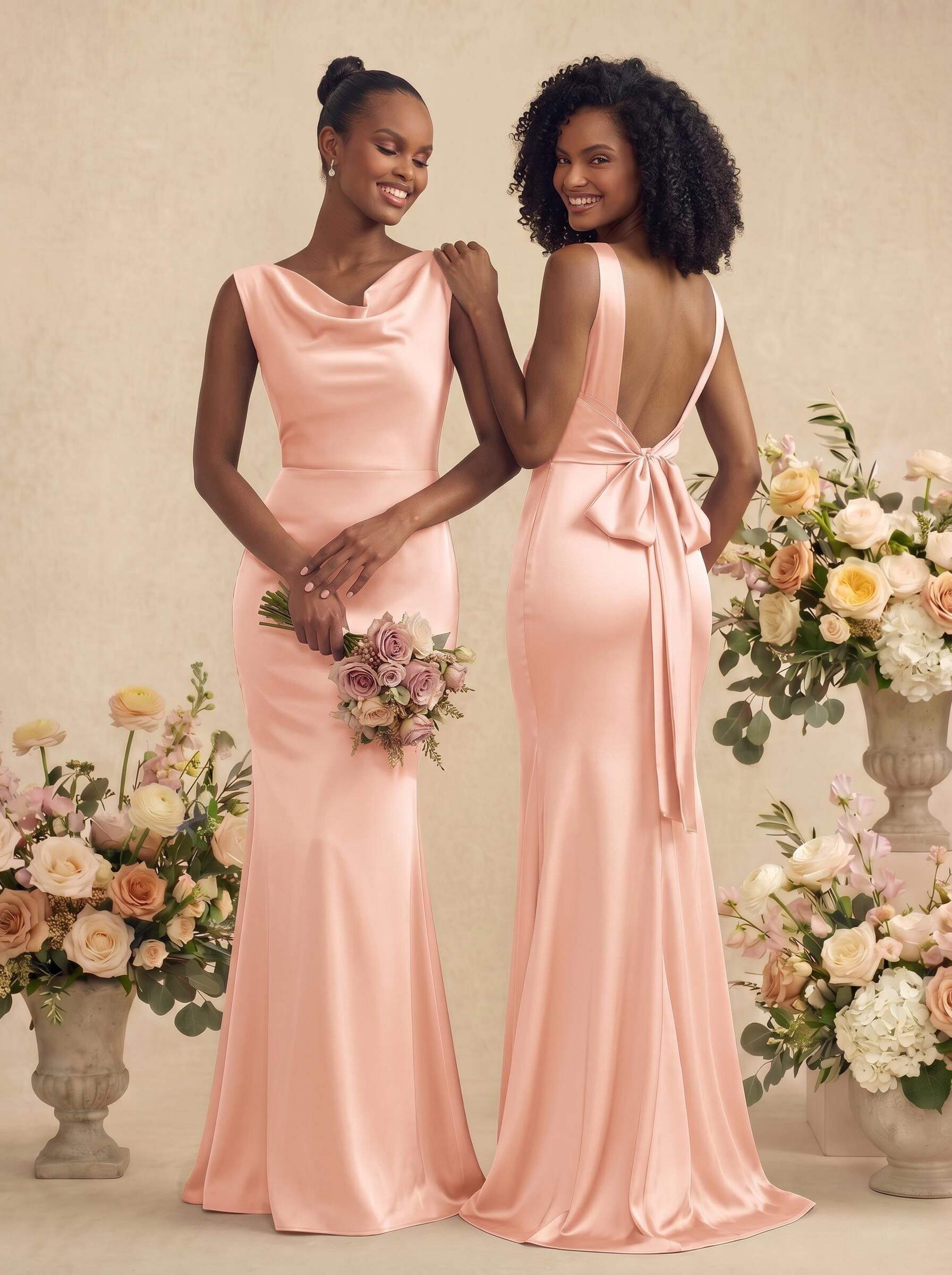 Trumpet/Mermaid Cowl Neck Sleeveless Stretch Satin Bridesmaid Dresses With Bow(s), product image 47