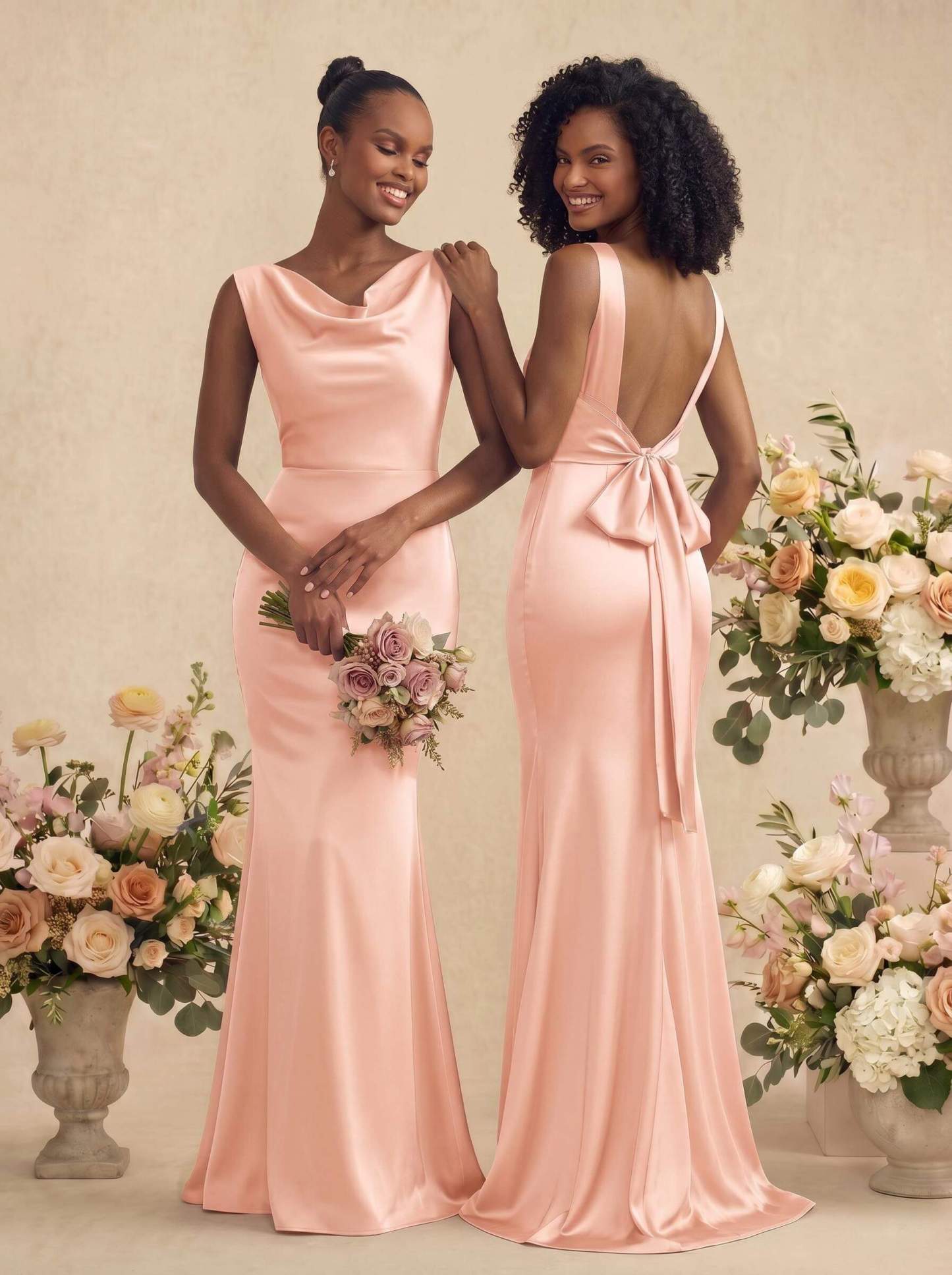 Trumpet/Mermaid Cowl Neck Sleeveless Stretch Satin Bridesmaid Dresses With Bow(s), product image 47