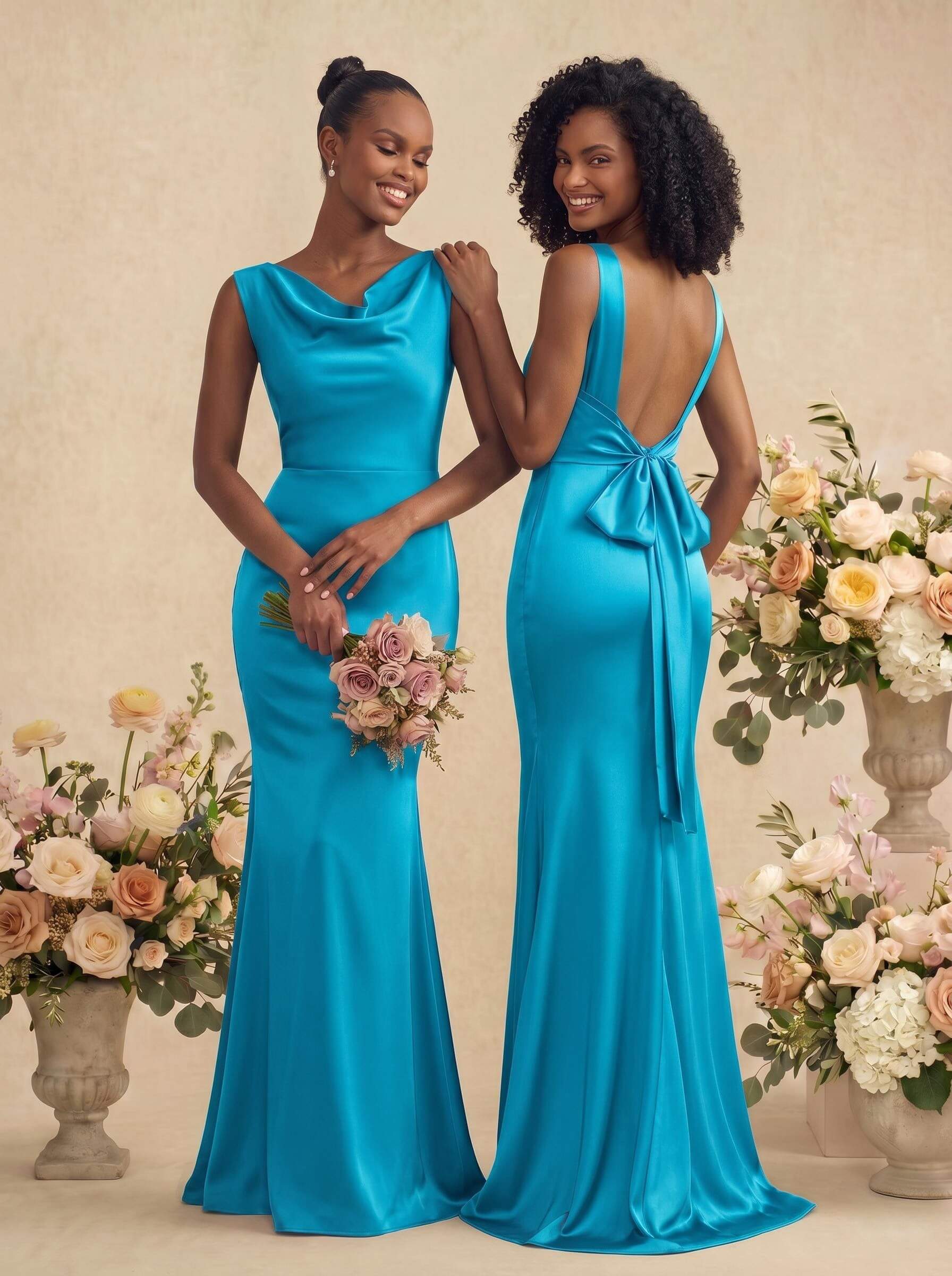 Trumpet/Mermaid Cowl Neck Sleeveless Stretch Satin Bridesmaid Dresses With Bow(s), product image 32