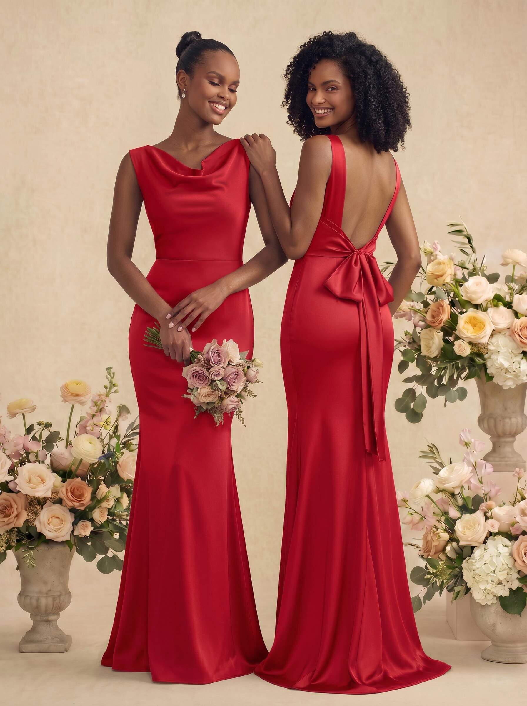 Trumpet/Mermaid Cowl Neck Sleeveless Stretch Satin Bridesmaid Dresses With Bow(s), product image 33