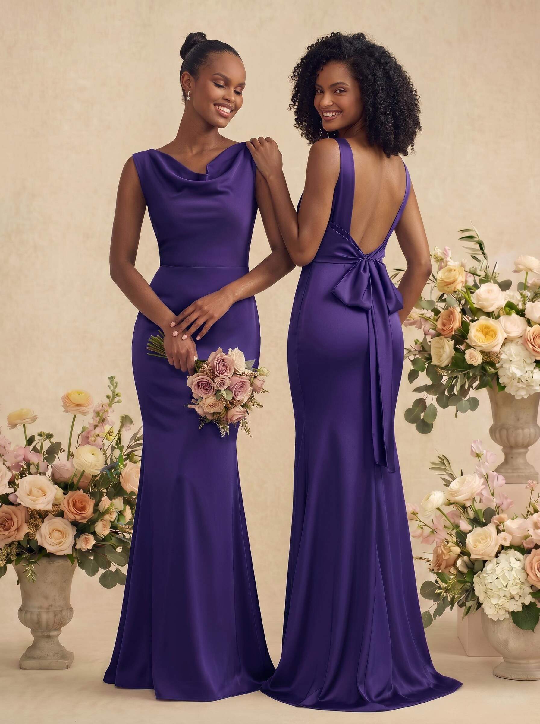 Trumpet/Mermaid Cowl Neck Sleeveless Stretch Satin Bridesmaid Dresses With Bow(s), product image 34