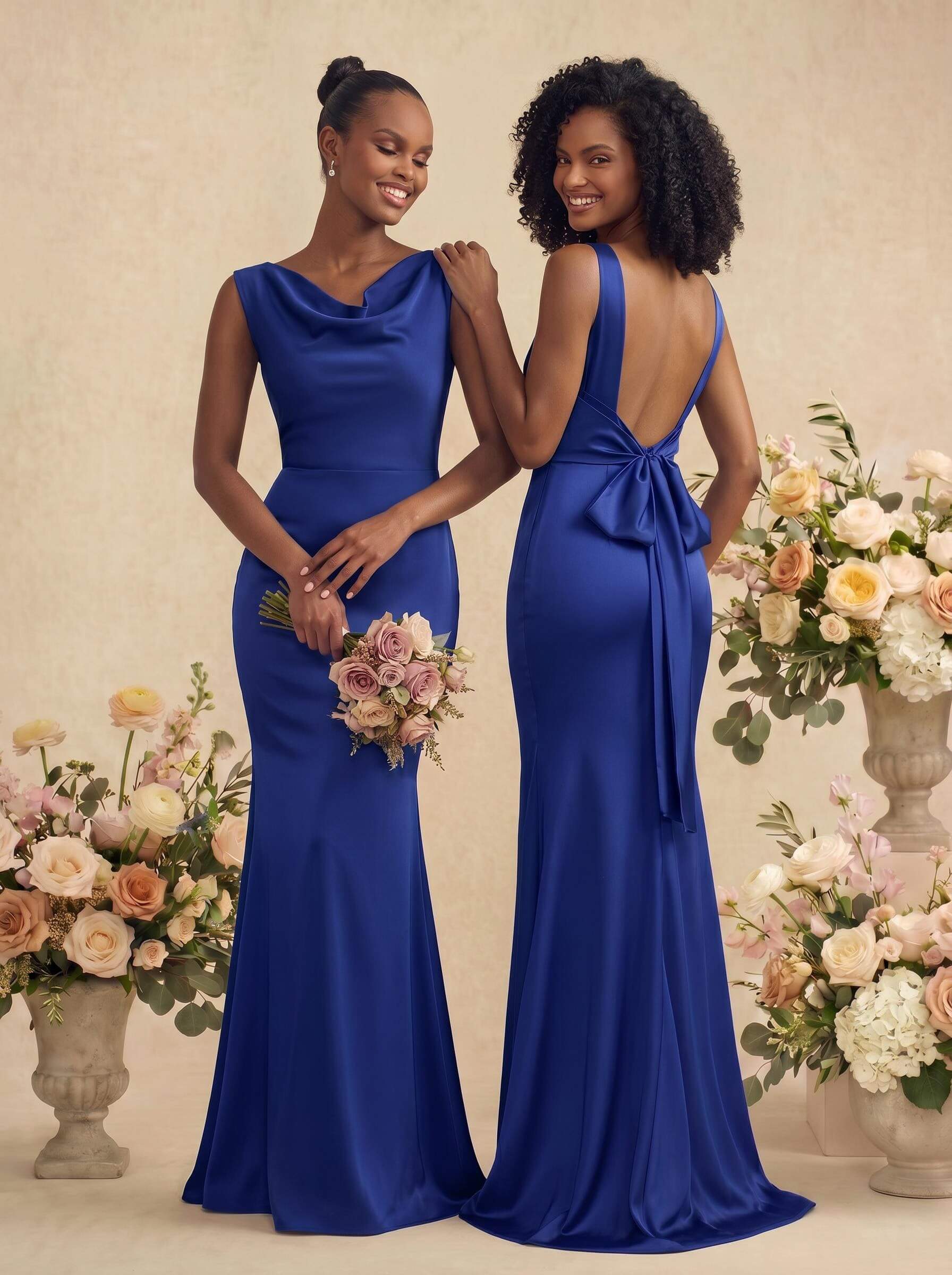 Trumpet/Mermaid Cowl Neck Sleeveless Stretch Satin Bridesmaid Dresses With Bow(s), product image 36