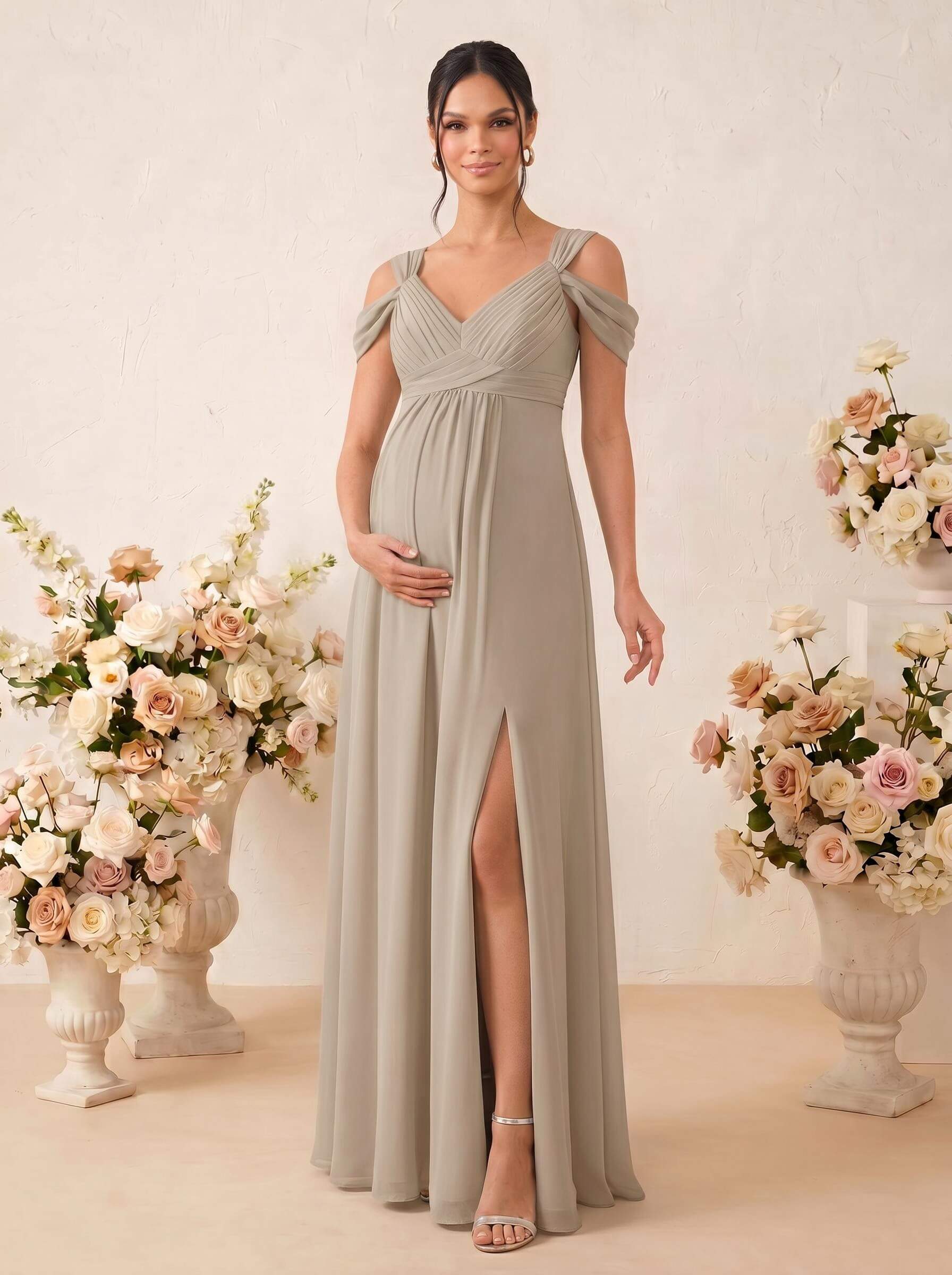 A-Line V-Neck Sleeveless Floor-Length Chiffon Maternity Bridesmaid Dresses With High Split, product image 63