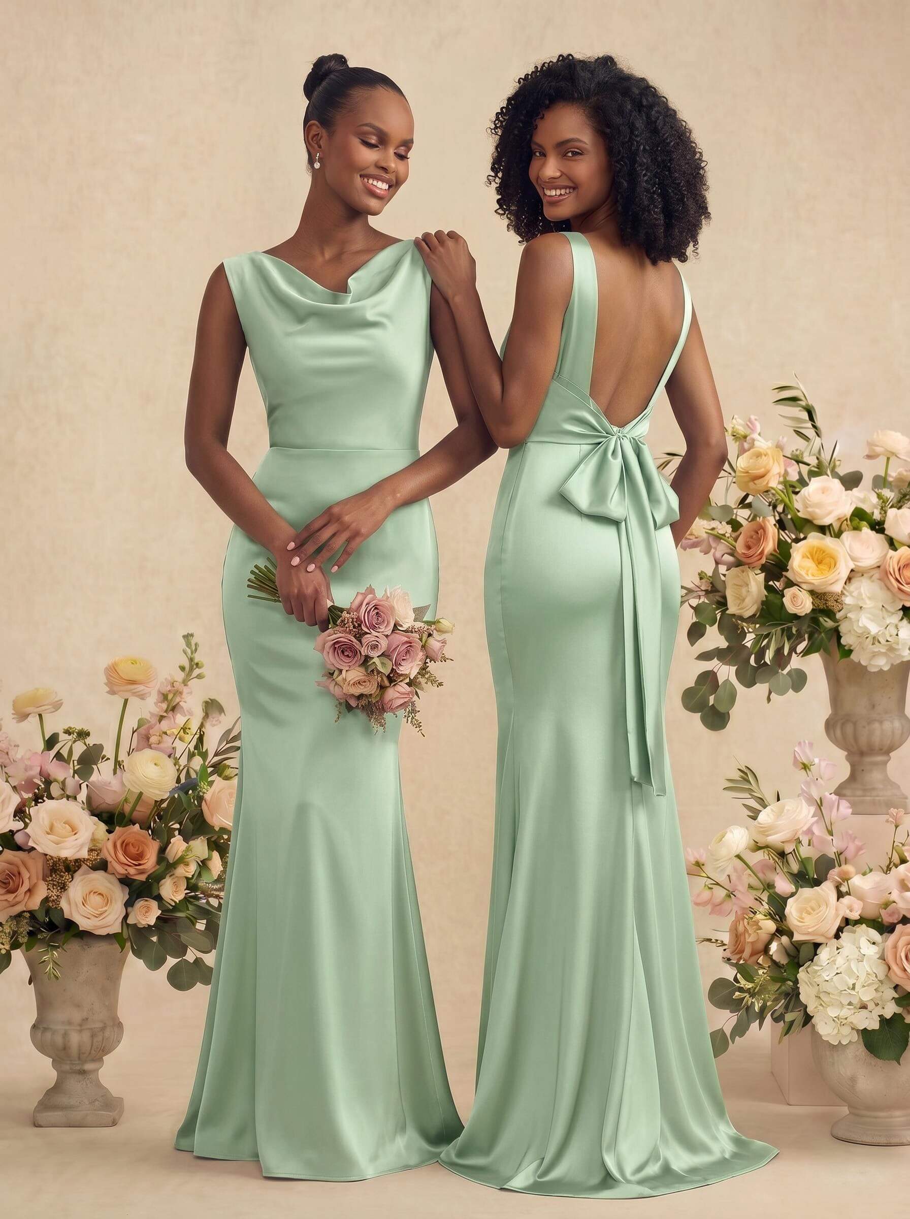 Trumpet/Mermaid Cowl Neck Sleeveless Stretch Satin Bridesmaid Dresses With Bow(s), product image 56