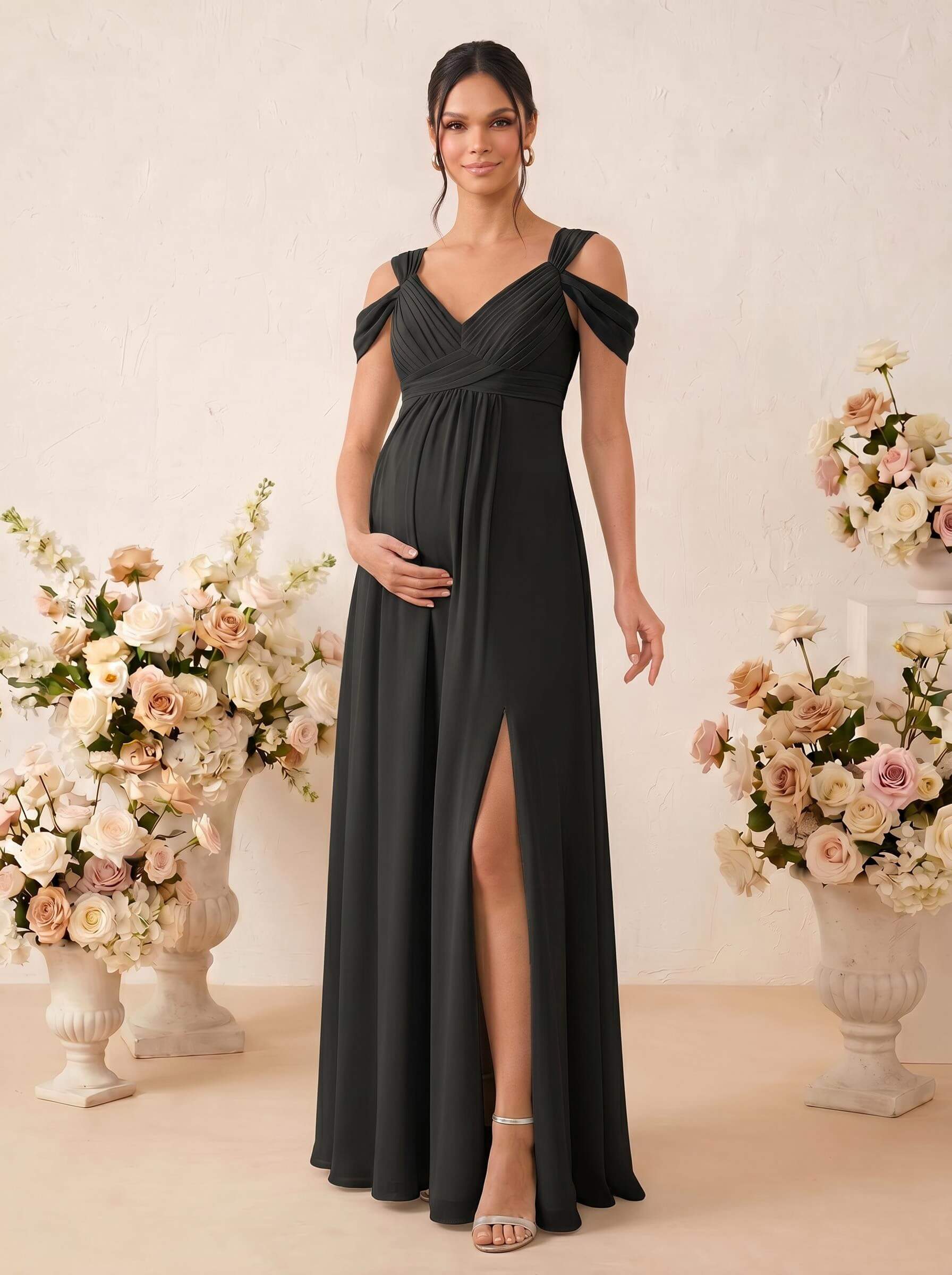 A-Line V-Neck Sleeveless Floor-Length Chiffon Maternity Bridesmaid Dresses With High Split, product image 61