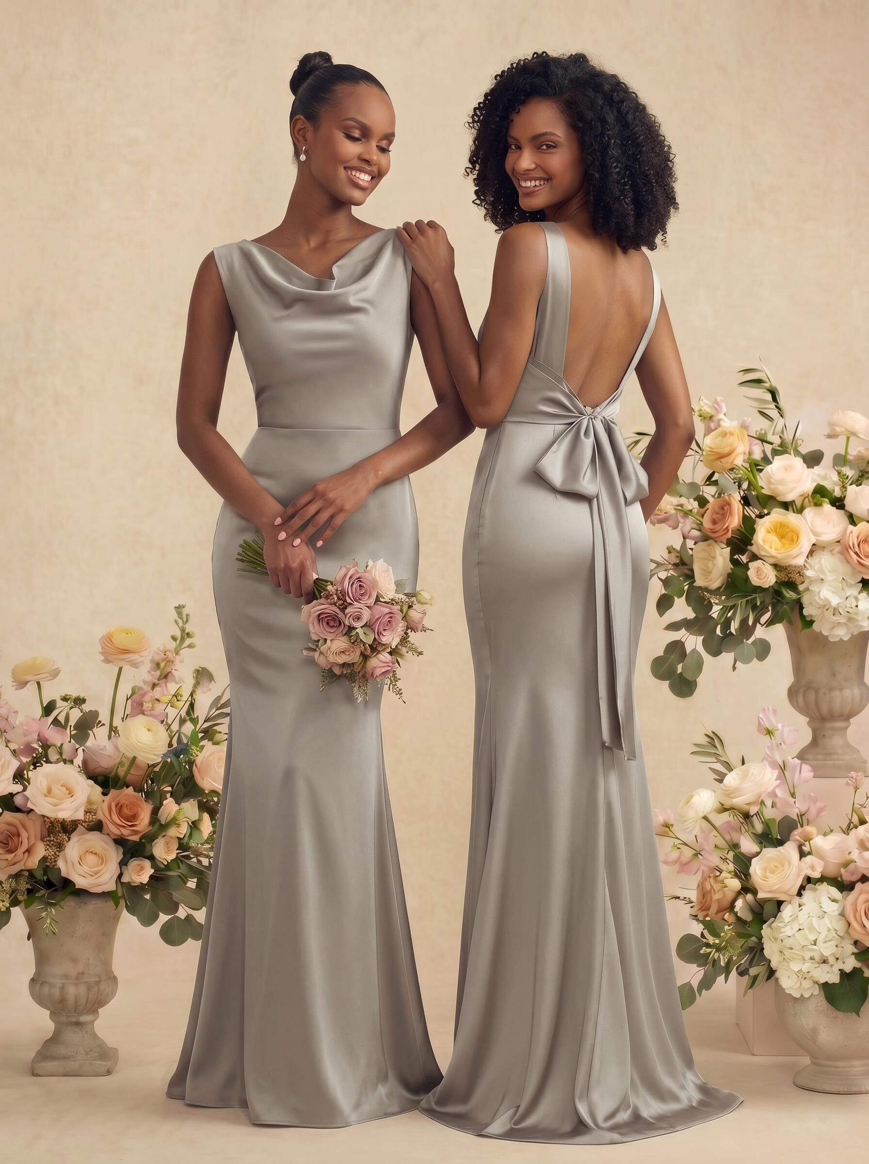 Trumpet/Mermaid Cowl Neck Sleeveless Stretch Satin Bridesmaid Dresses With Bow(s), product image 37