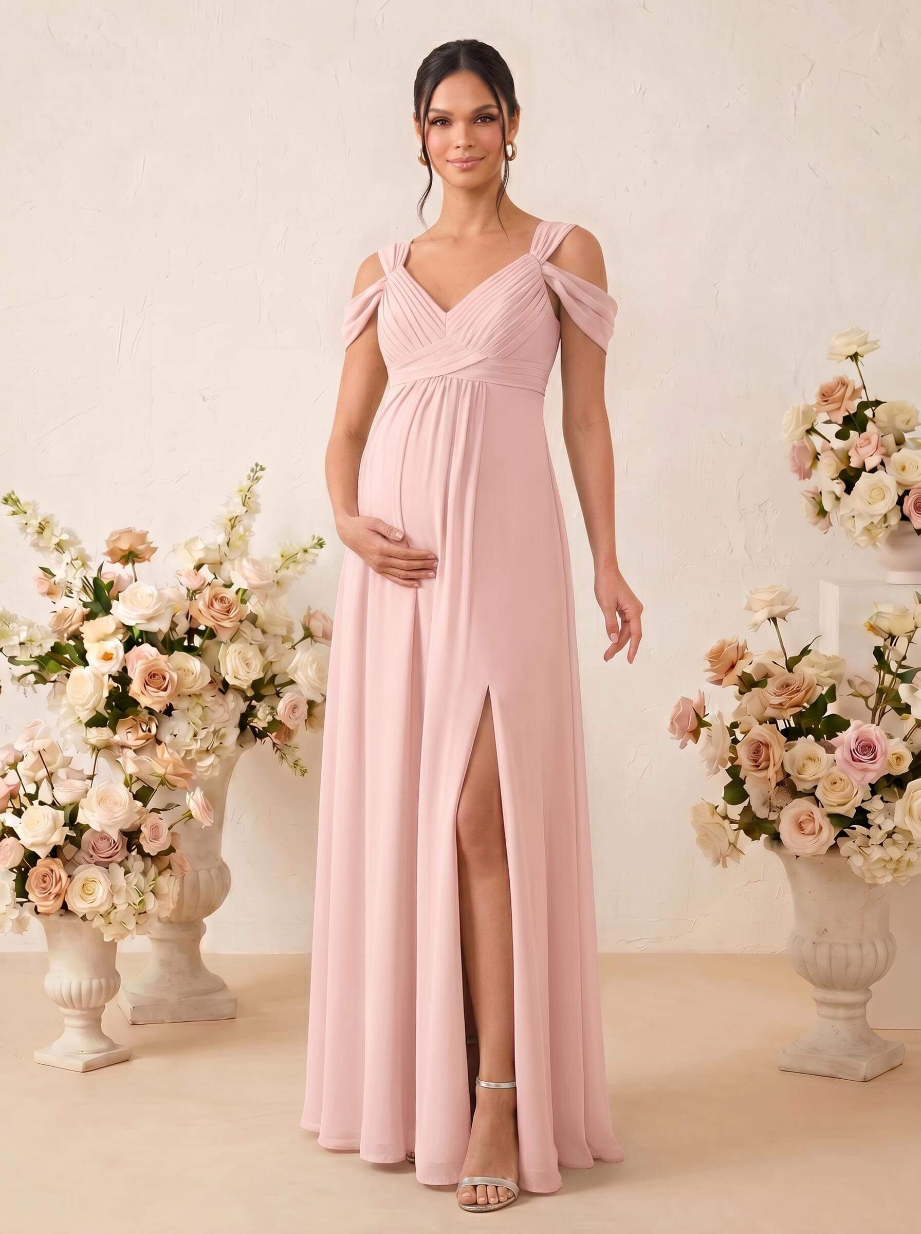A-Line V-Neck Sleeveless Floor-Length Chiffon Maternity Bridesmaid Dresses With High Split, product image 28