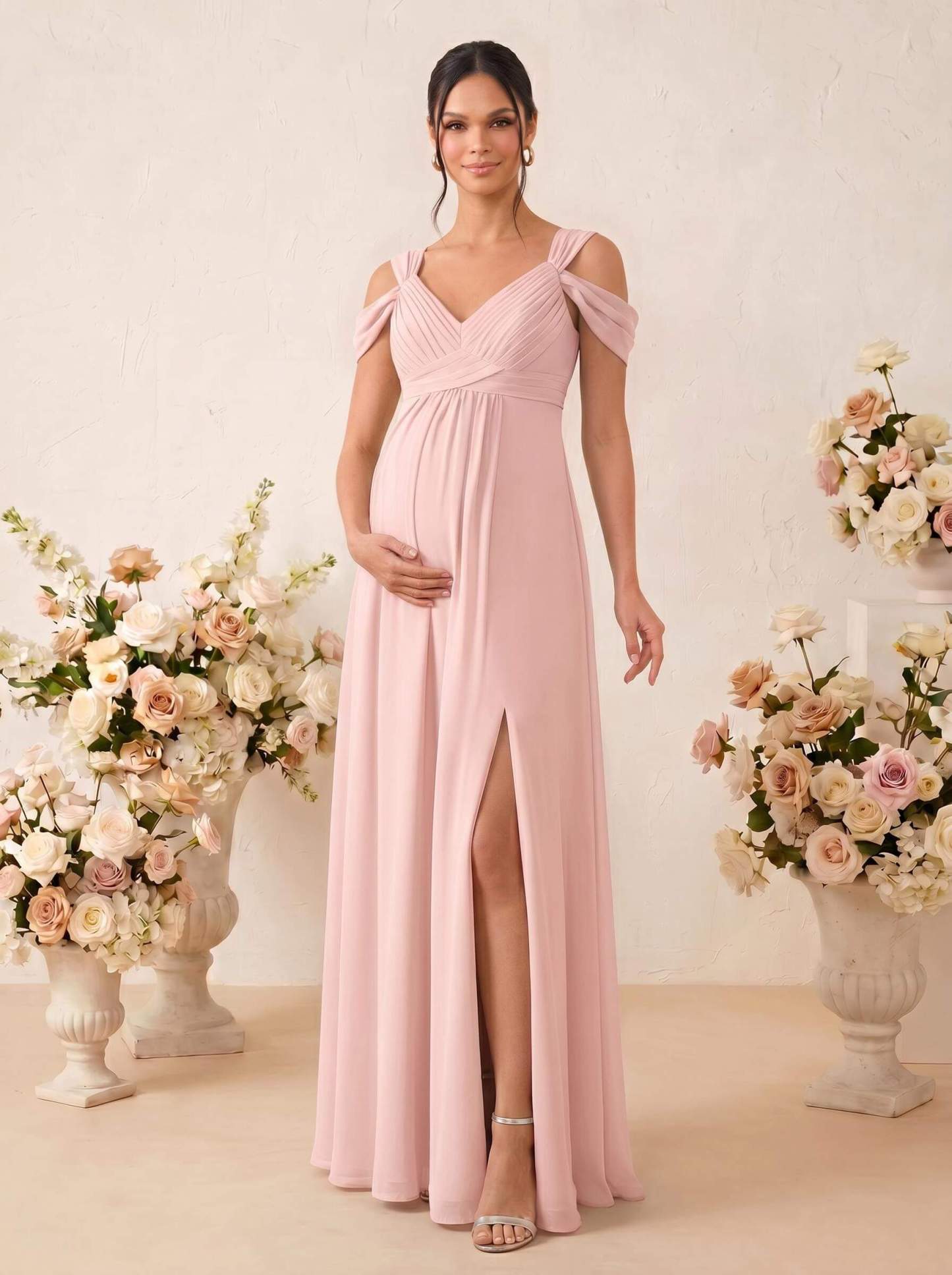 A-Line V-Neck Sleeveless Floor-Length Chiffon Maternity Bridesmaid Dresses With High Split, product image 28