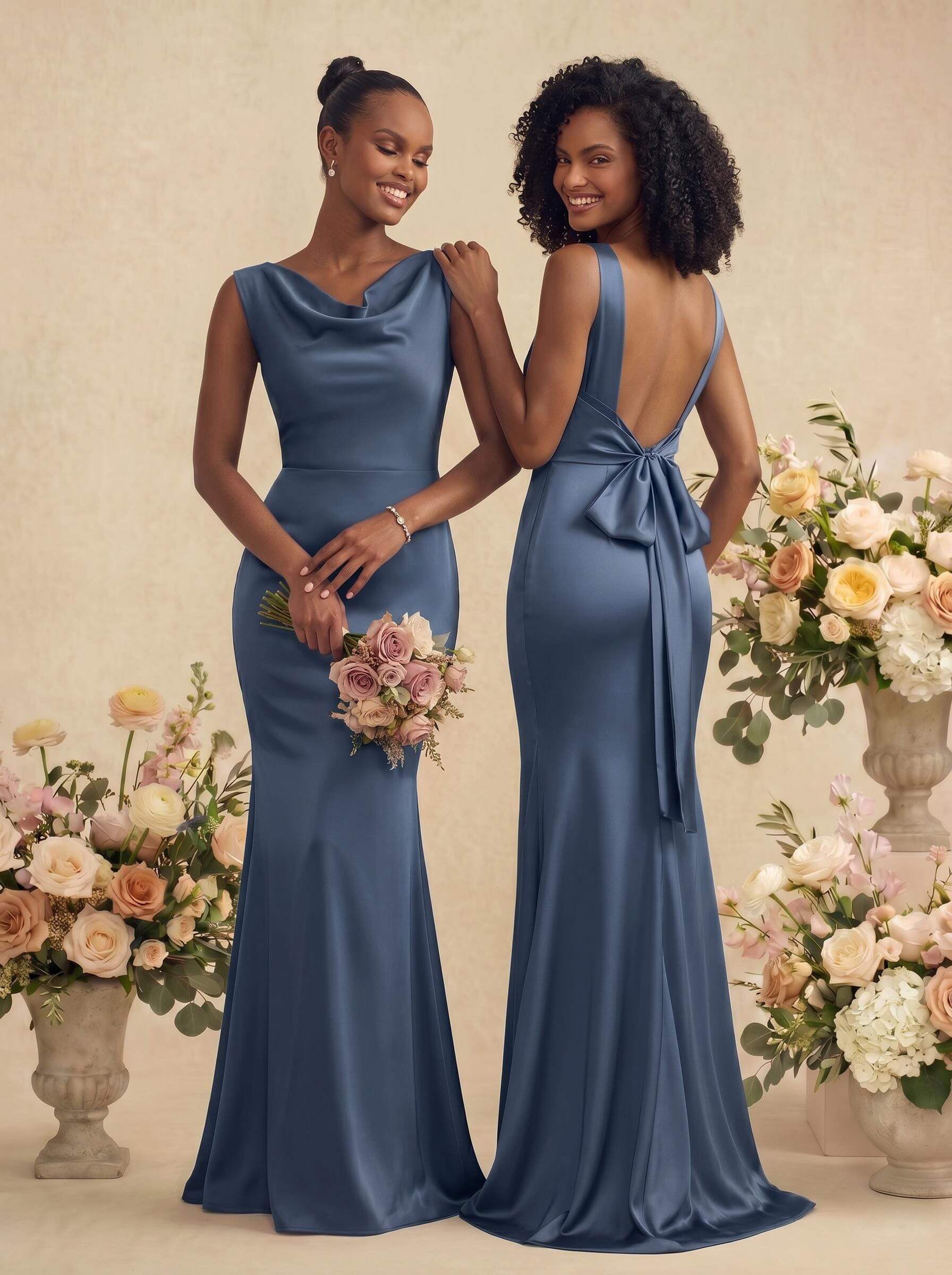 Trumpet/Mermaid Cowl Neck Sleeveless Stretch Satin Bridesmaid Dresses With Bow(s), product image 46