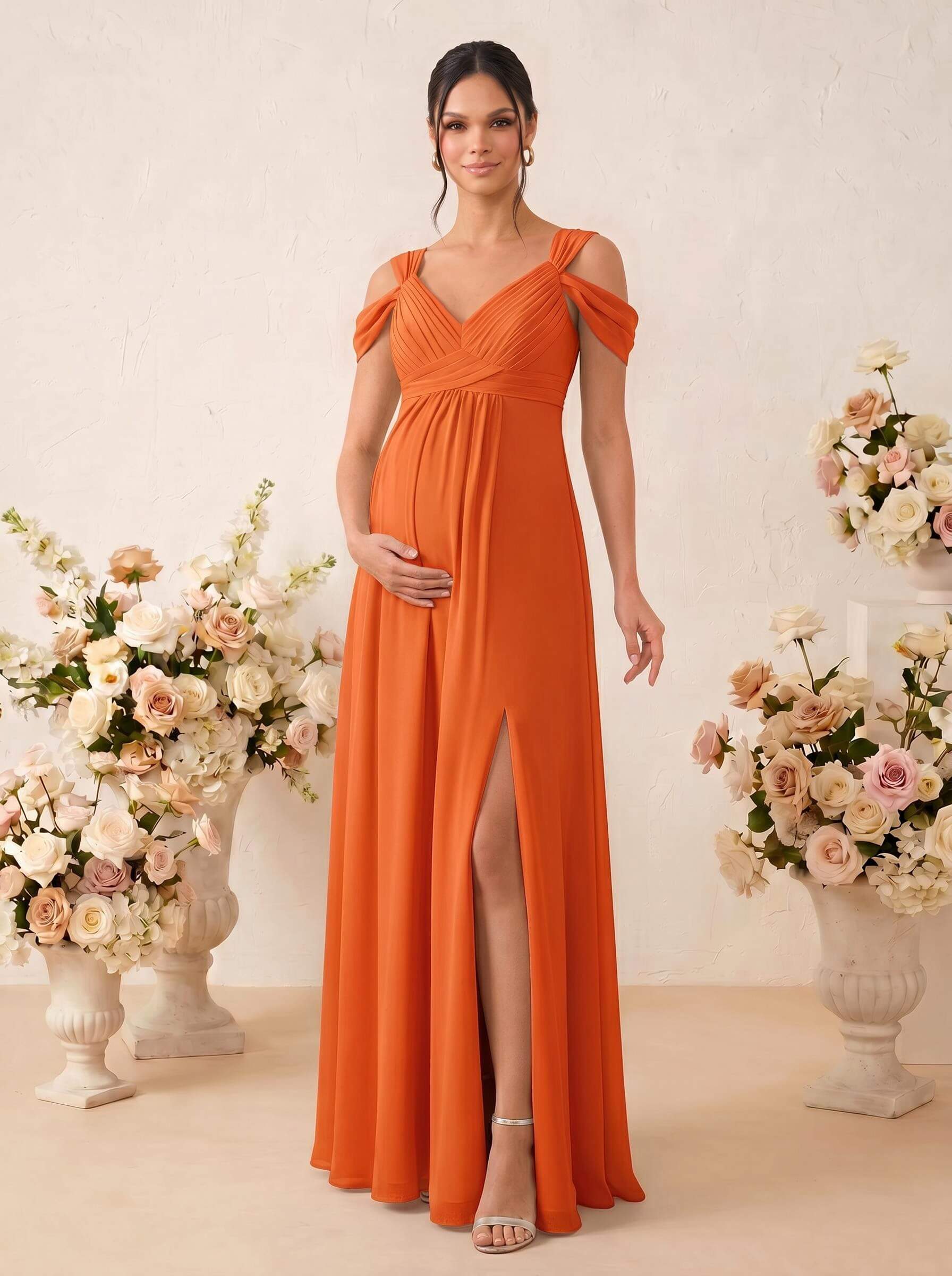 A-Line V-Neck Sleeveless Floor-Length Chiffon Maternity Bridesmaid Dresses With High Split, product image 64