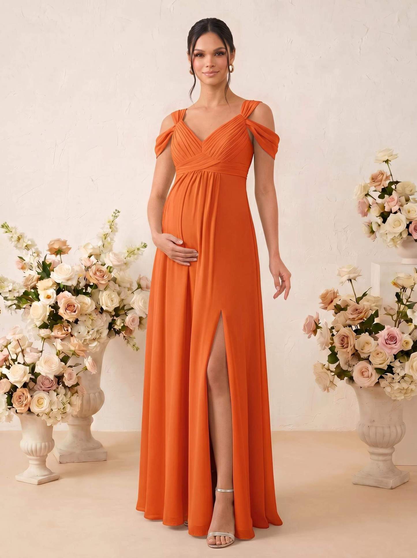 A-Line V-Neck Sleeveless Floor-Length Chiffon Maternity Bridesmaid Dresses With High Split, product image 64