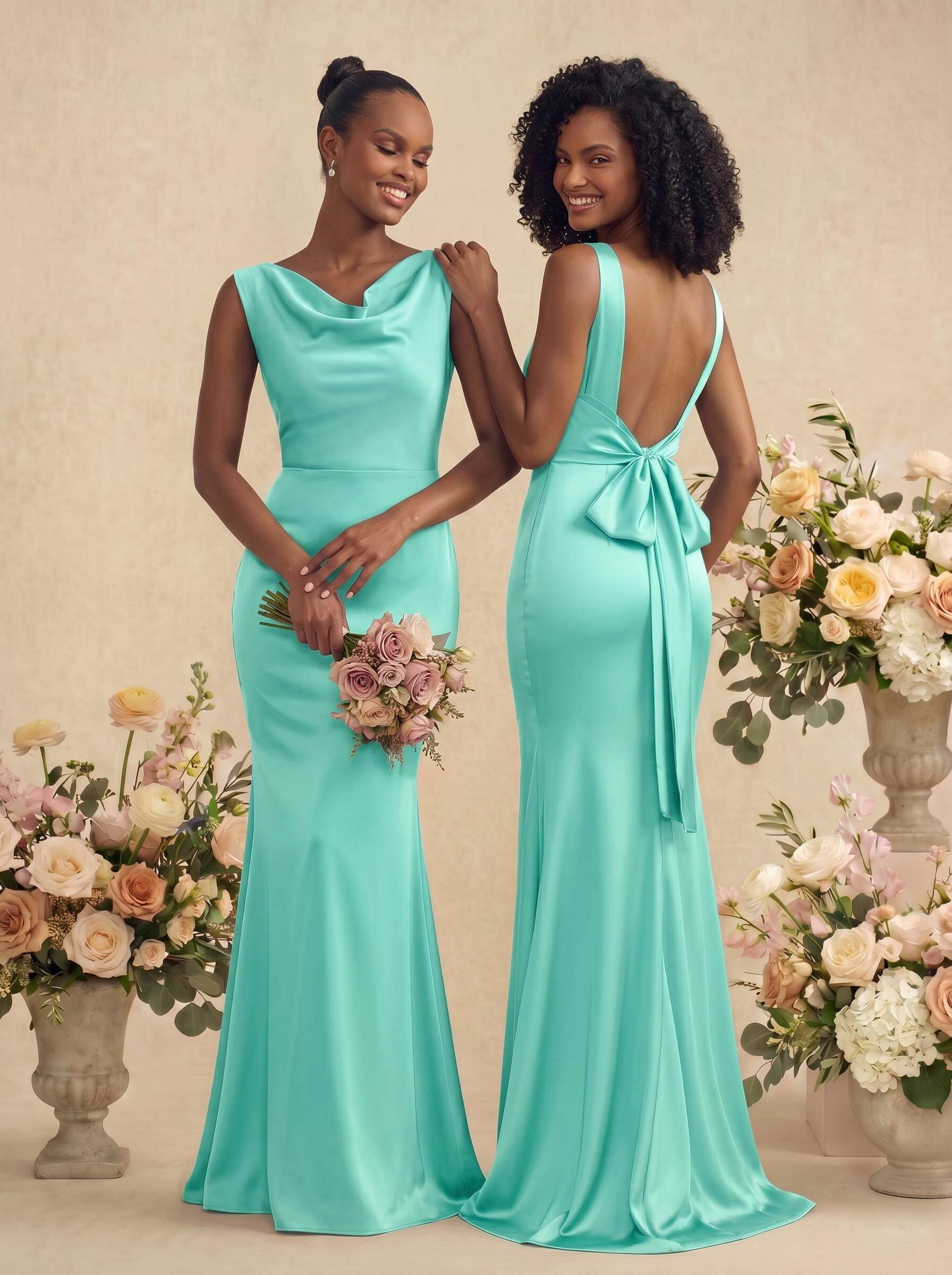 Trumpet/Mermaid Cowl Neck Sleeveless Stretch Satin Bridesmaid Dresses With Bow(s), product image 58
