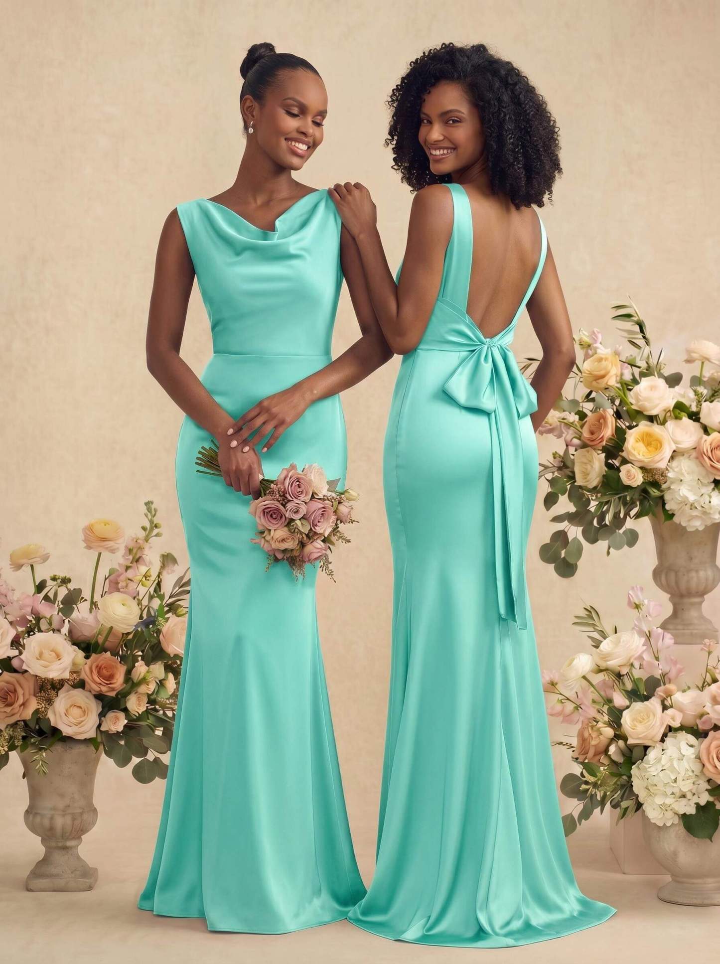 Trumpet/Mermaid Cowl Neck Sleeveless Stretch Satin Bridesmaid Dresses With Bow(s), product image 58