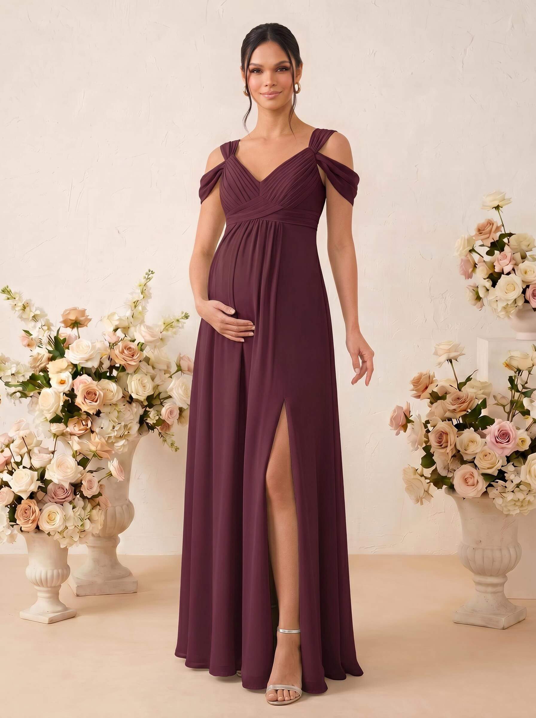 A-Line V-Neck Sleeveless Floor-Length Chiffon Maternity Bridesmaid Dresses With High Split, product image 16
